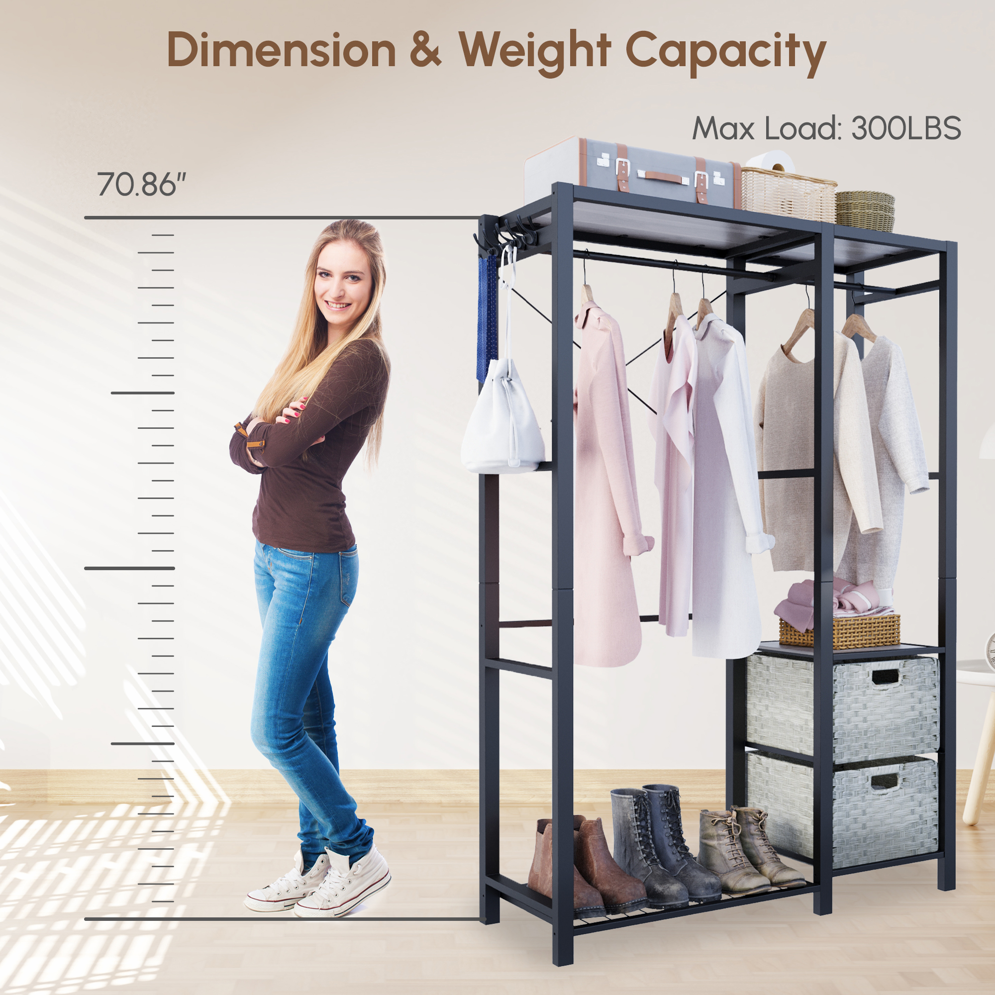 Acacia Wood Garment Racks with Shelves 2 Wicker Drawers and 4 Hooks Heavy Duty Closet Organizer for Hanging Clothes, Freestanding Closet Wardrobe Rack, Light Gray - Image 3
