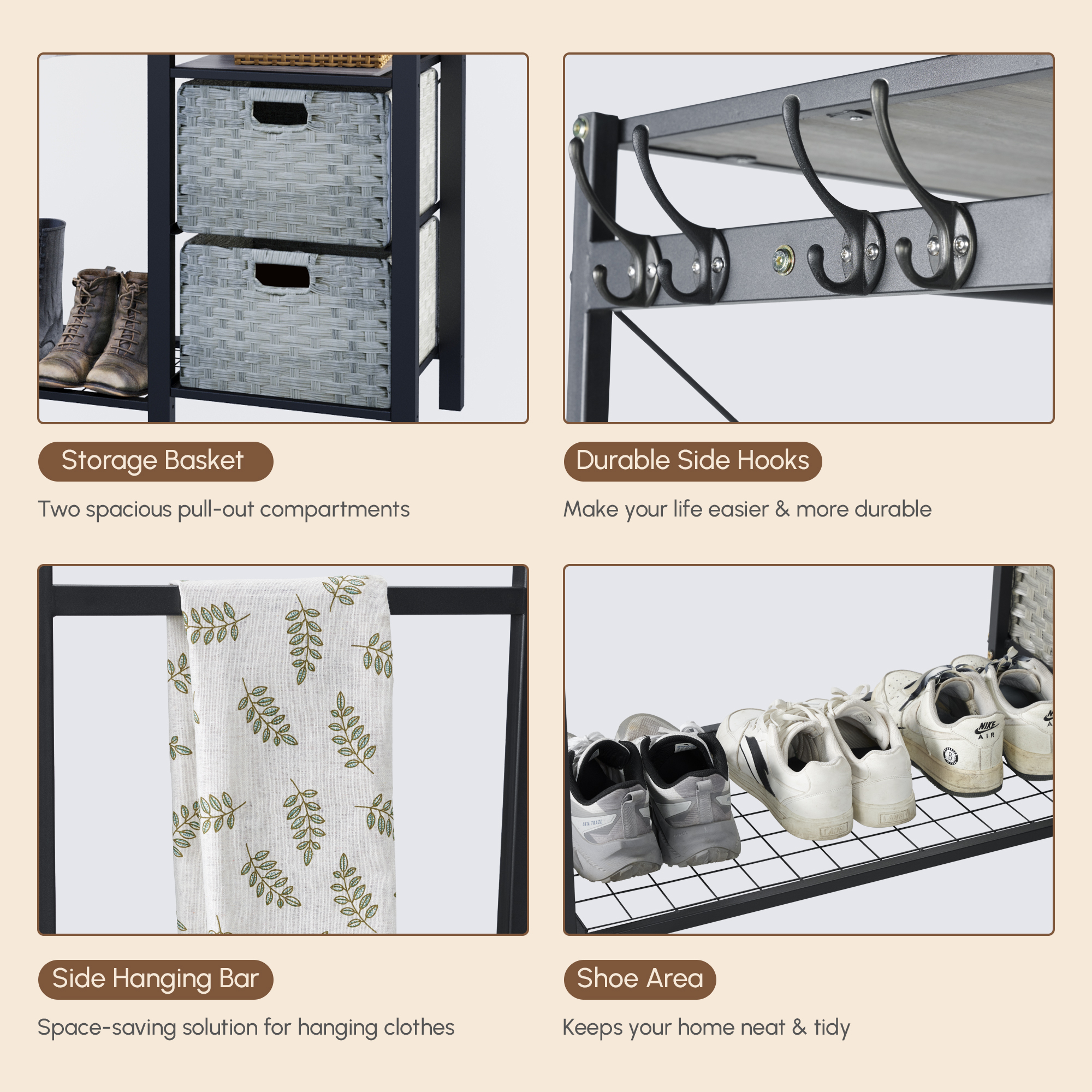 Acacia Wood Garment Racks with Shelves 2 Wicker Drawers and 4 Hooks Heavy Duty Closet Organizer for Hanging Clothes, Freestanding Closet Wardrobe Rack, Light Gray - Image 6