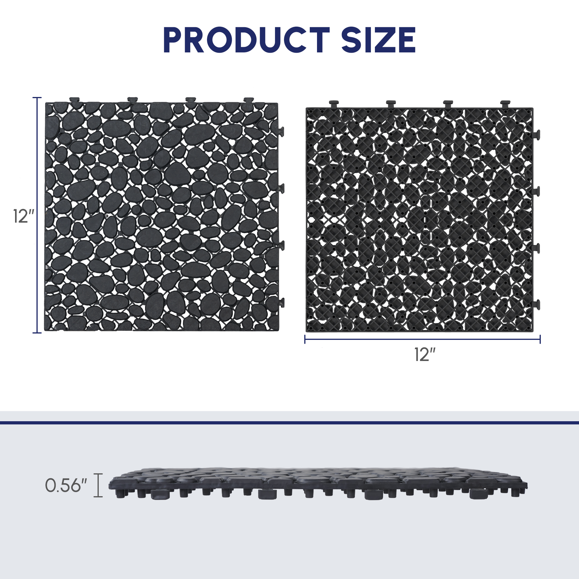 12 x 12 Inch Black Interlocking Deck Tiles Plastic Waterproof Outdoor All Weather Anti-slip Bathroom Shower Balcony Porch Strong Weight Capacity Upto 440 LBS, Pebble Stone Pattern Pack of 60 - Image 3