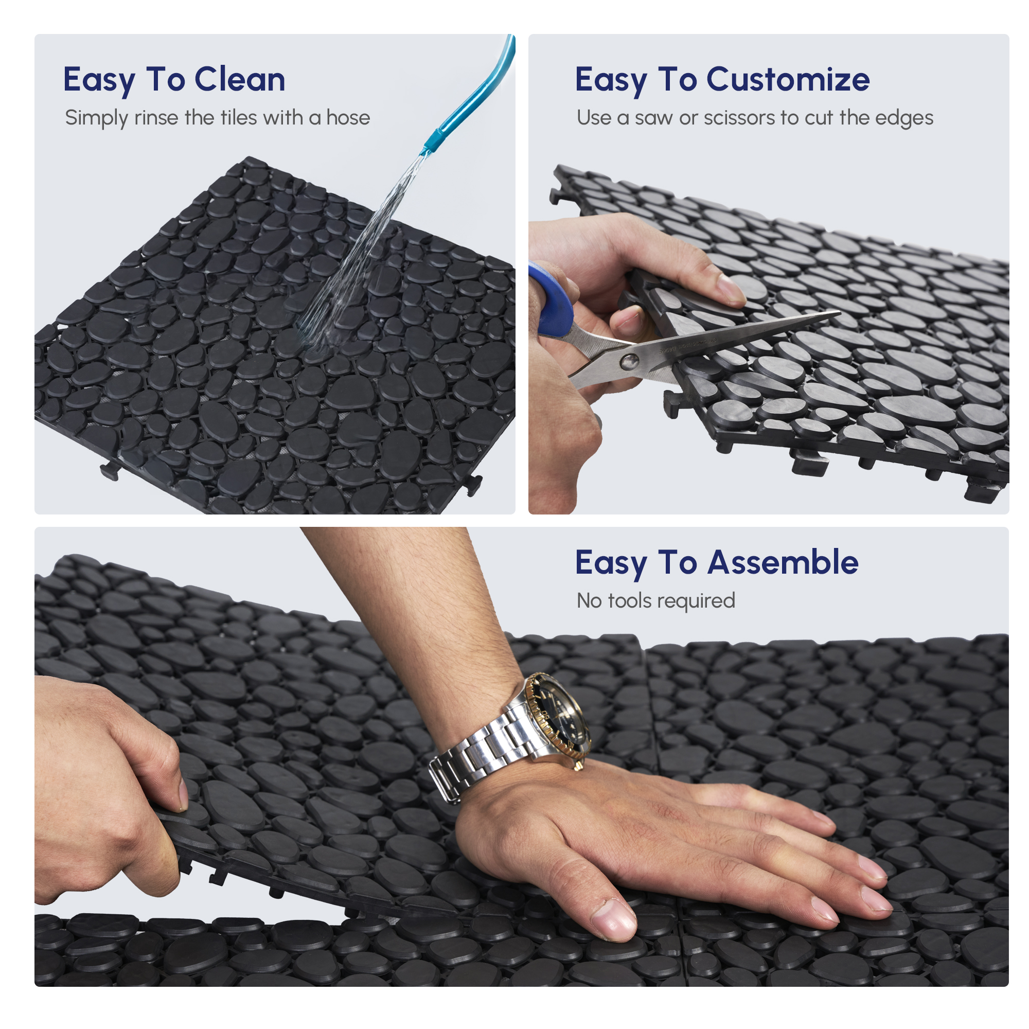 12 x 12 Inch Black Interlocking Deck Tiles Plastic Waterproof Outdoor All Weather Anti-slip Bathroom Shower Balcony Porch Strong Weight Capacity Upto 440 LBS, Pebble Stone Pattern Pack of 60 - Image 4