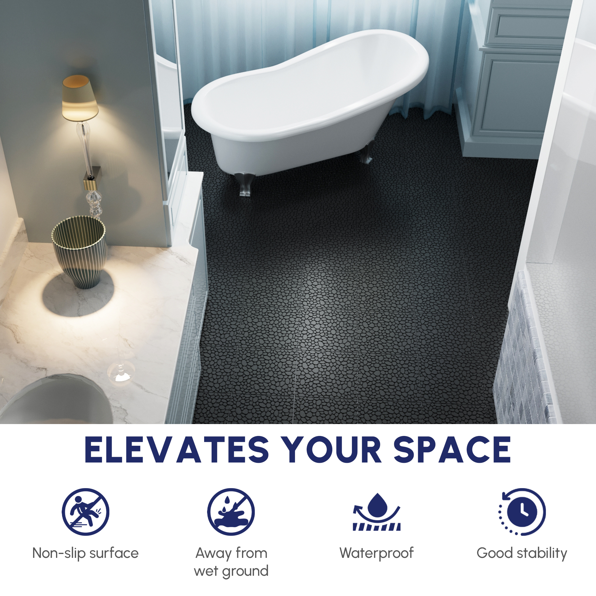 12 x 12 Inch Black Interlocking Deck Tiles Plastic Waterproof Outdoor All Weather Anti-slip Bathroom Shower Balcony Porch Strong Weight Capacity Upto 440 LBS, Pebble Stone Pattern Pack of 60 - Image 5