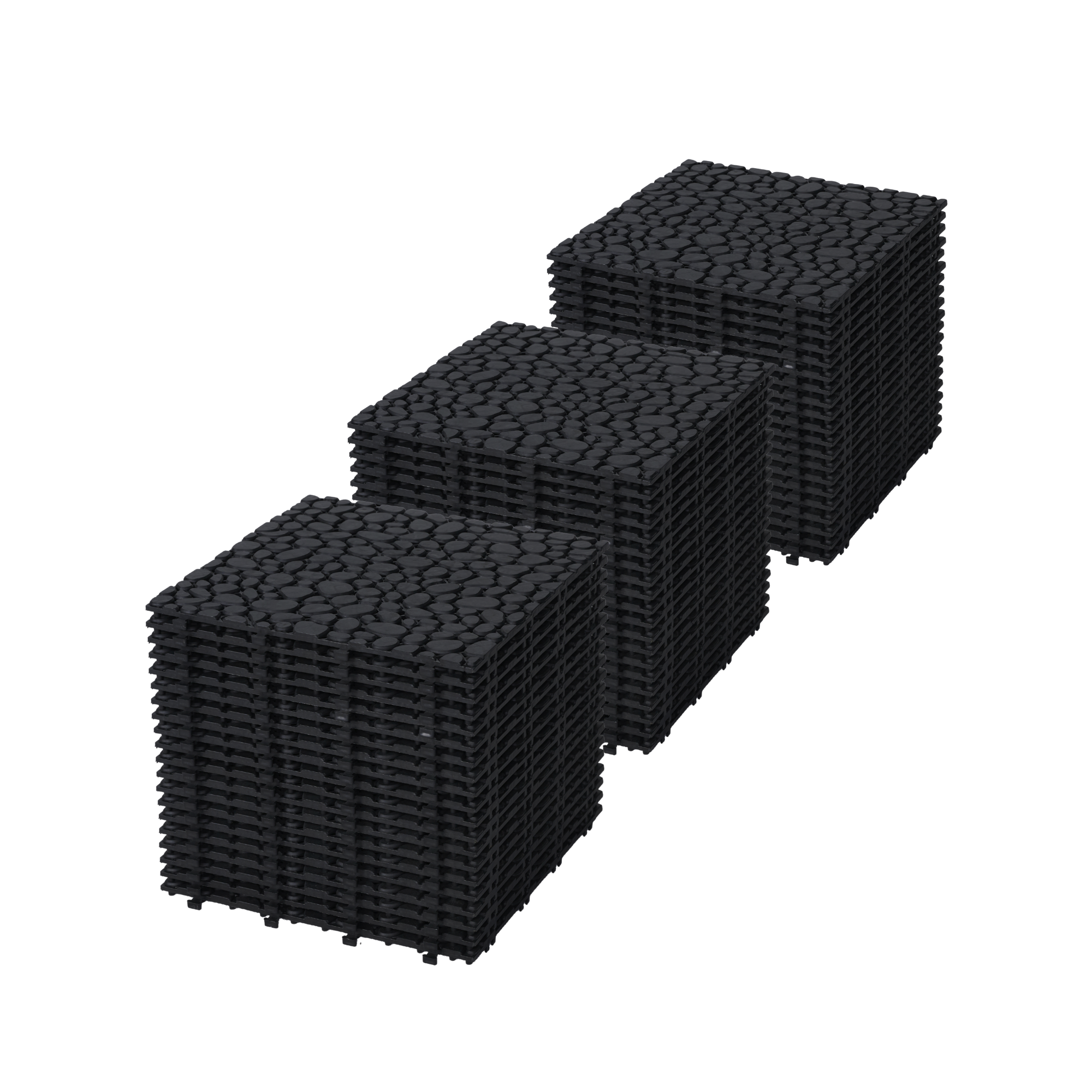 12 x 12 Inch Black Interlocking Deck Tiles Plastic Waterproof Outdoor All Weather Anti-slip Bathroom Shower Balcony Porch Strong Weight Capacity Upto 440 LBS, Pebble Stone Pattern Pack of 60 - Image 1