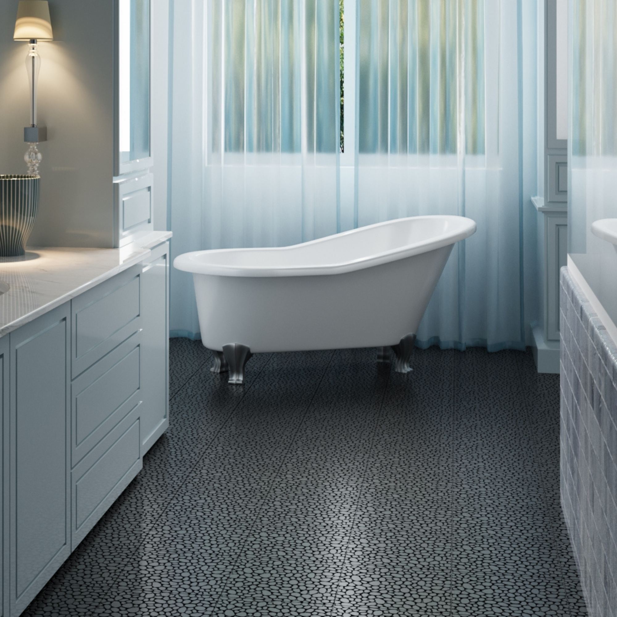 12 x 12 Inch Black Interlocking Deck Tiles Plastic Waterproof Outdoor All Weather Anti-slip Bathroom Shower Balcony Porch Strong Weight Capacity Upto 440 LBS, Pebble Stone Pattern Pack of 60 - Image 2