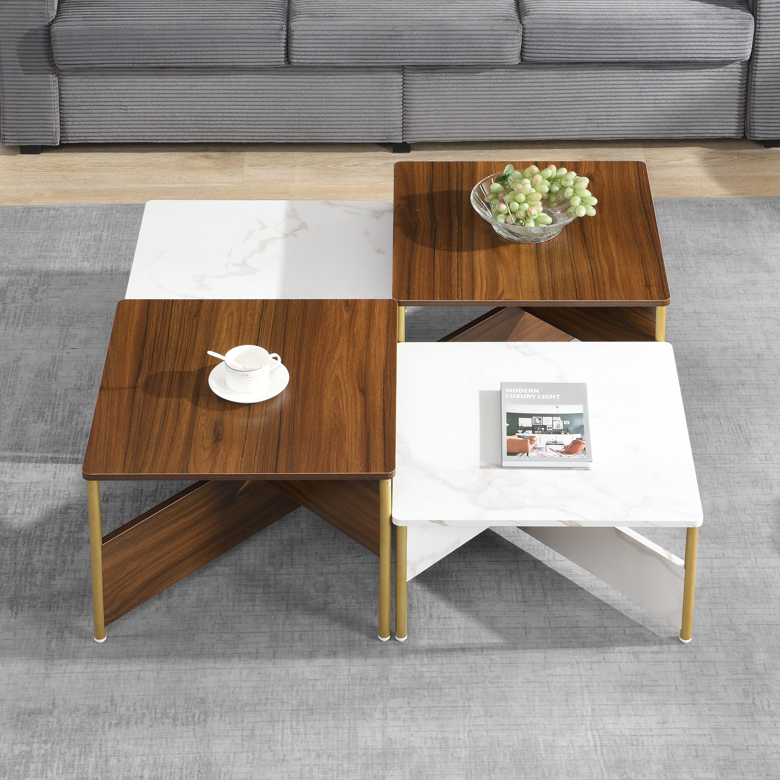 Modern Nesting Coffee Tables Set of 4 -Mid Century Modern Square Living Room Table, Free Adjustable Shape,Versatile and Stylish Accent Furniture for Your Living Room White & Walnut Color - Image 3