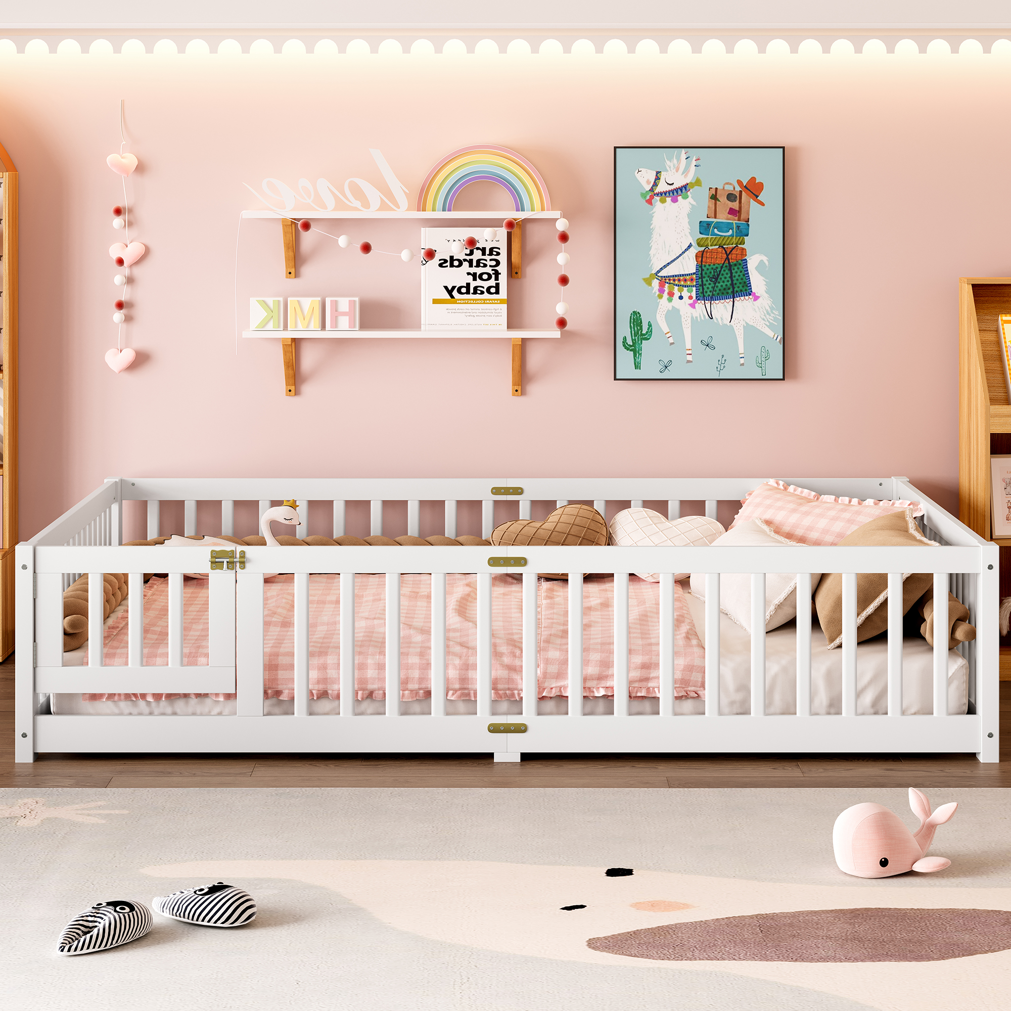 Queen Size Bed Floor Bed with Safety Guardrails and Door for Kids, White(Old SKU: W1580P154628 ) - Image 1