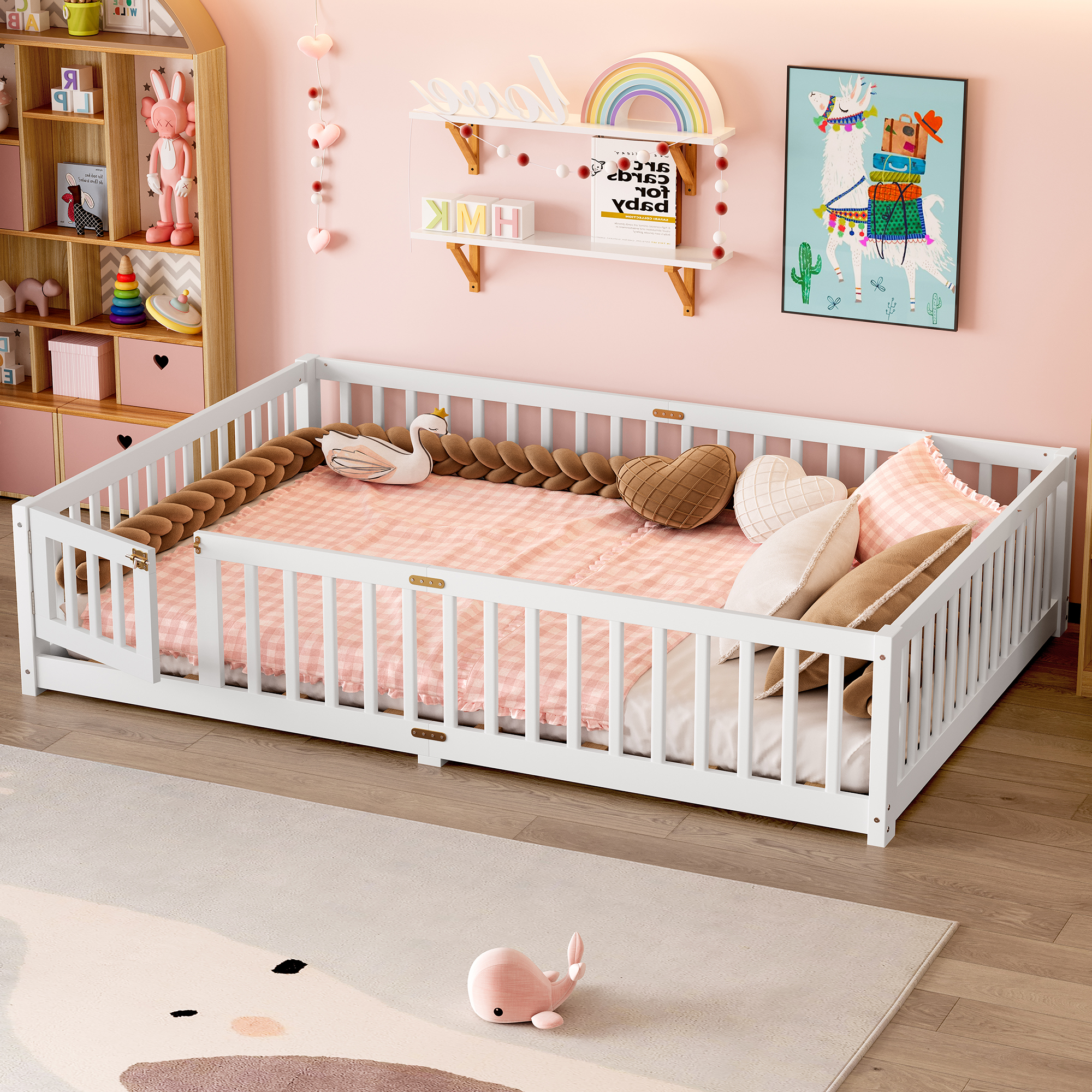 Queen Size Bed Floor Bed with Safety Guardrails and Door for Kids, White(Old SKU: W1580P154628 ) - Image 2