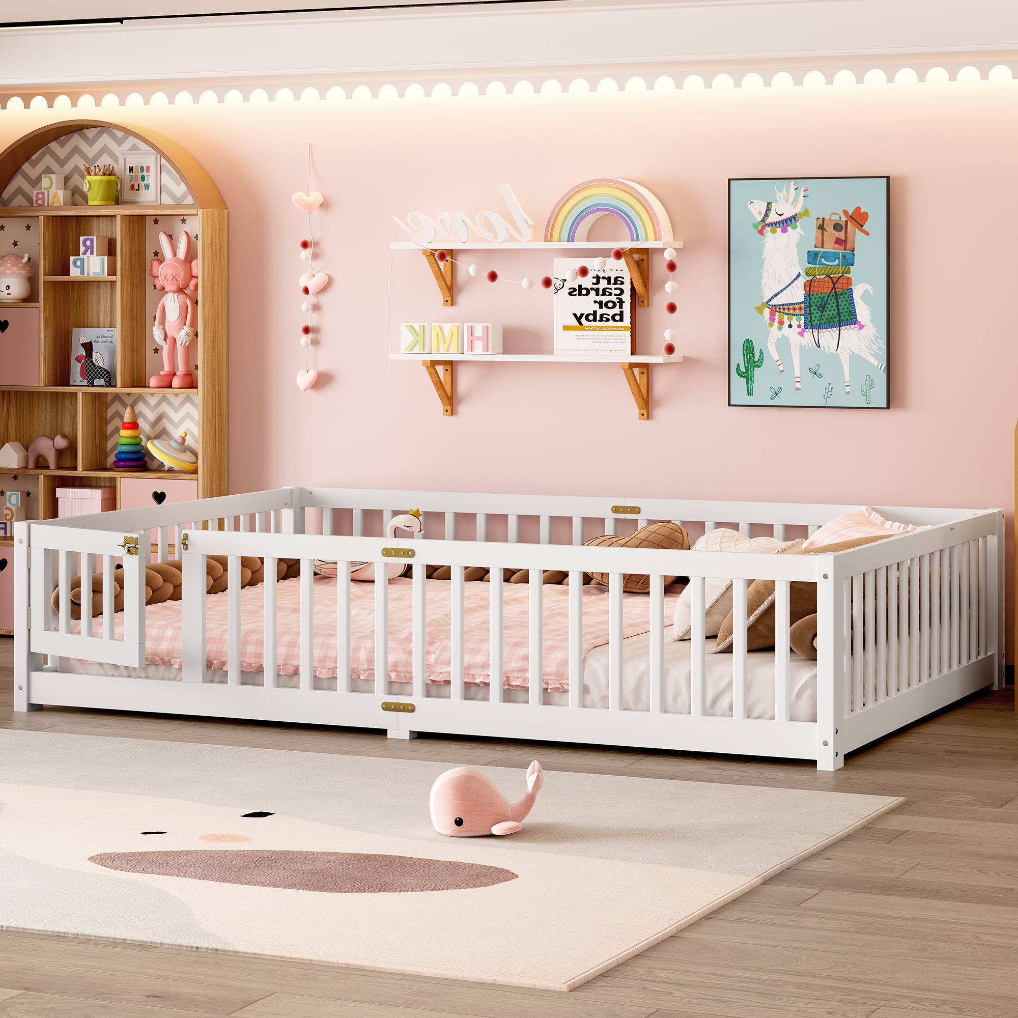 Queen Size Bed Floor Bed with Safety Guardrails and Door for Kids, White(Old SKU: W1580P154628 ) - Image 3