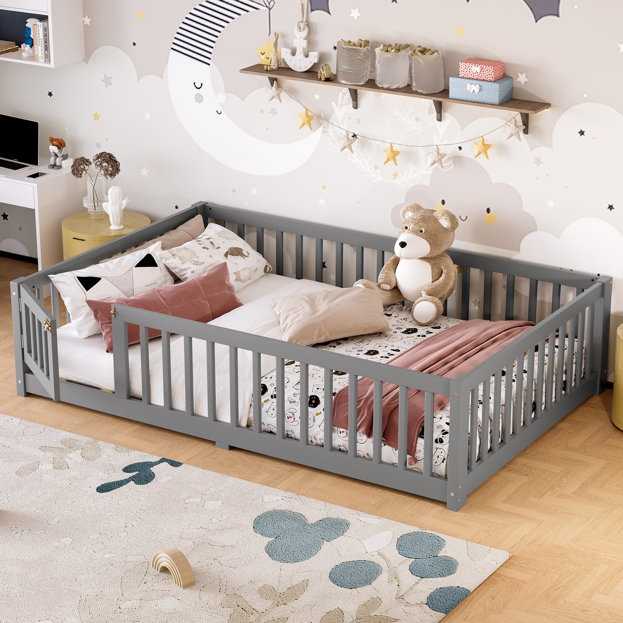Full Size Bed Floor Bed with Safety Guardrails and Door for Kids, Gray(Old SKU: W1580P154626) - Image 2