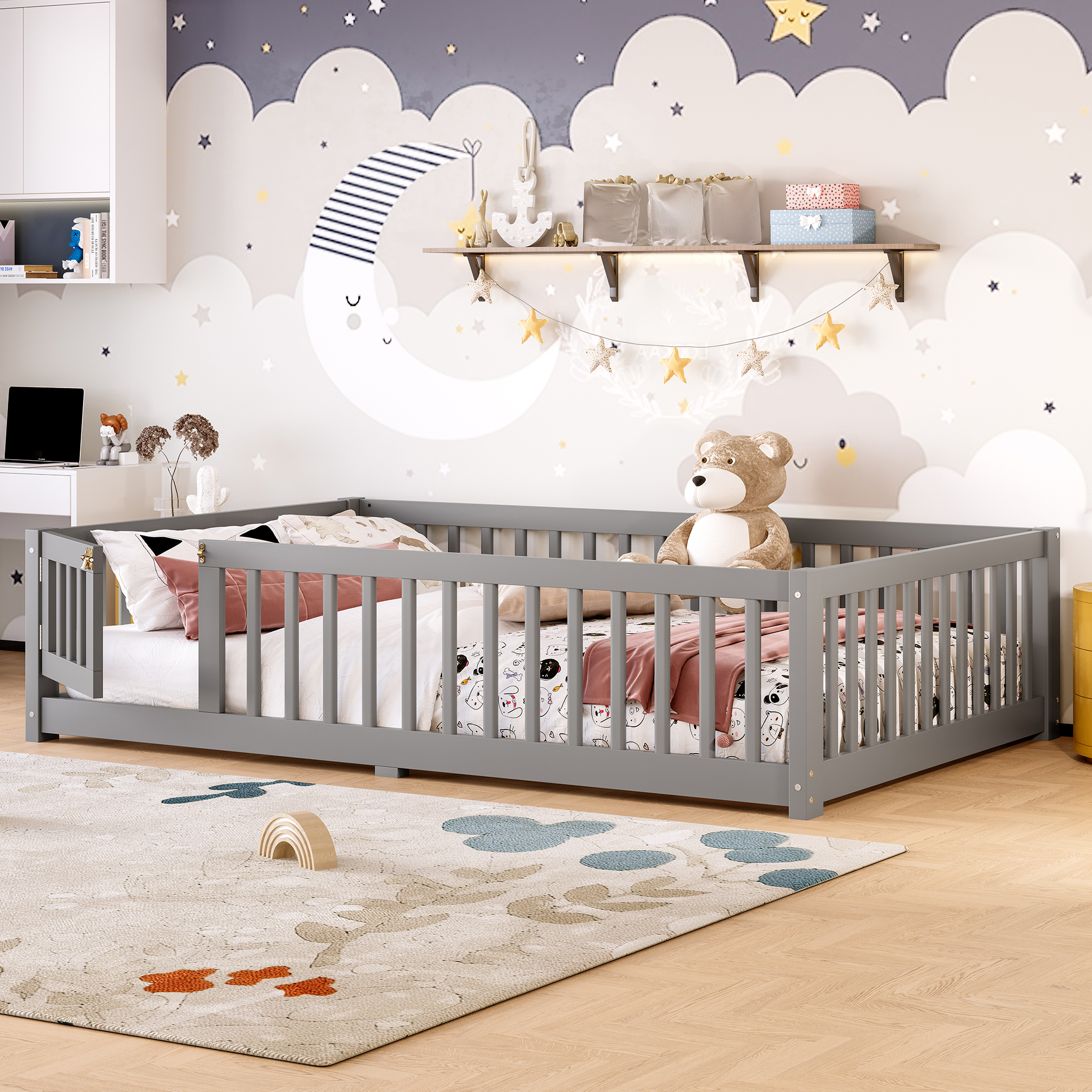 Full Size Bed Floor Bed with Safety Guardrails and Door for Kids, Gray(Old SKU: W1580P154626) - Image 3