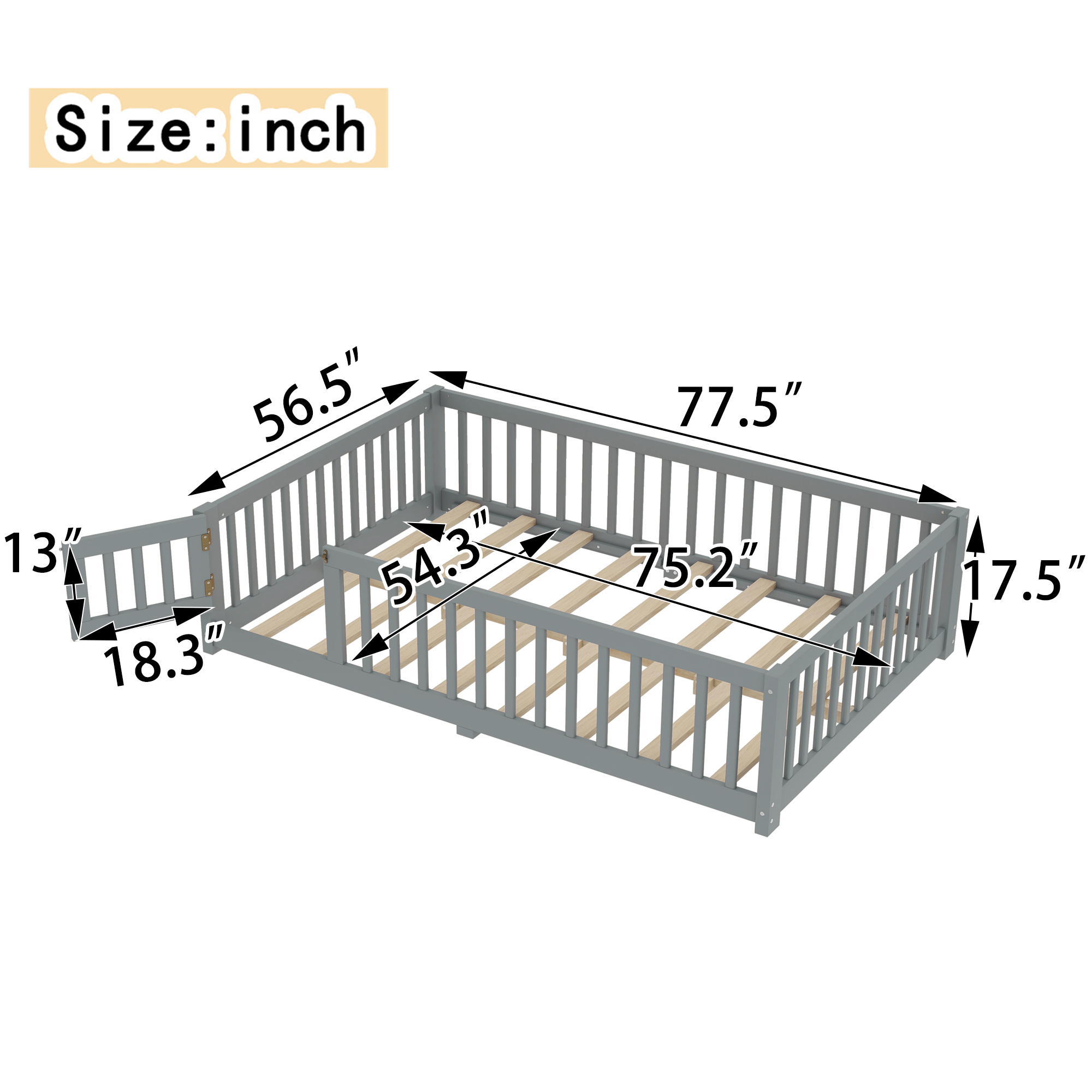 Full Size Bed Floor Bed with Safety Guardrails and Door for Kids, Gray(Old SKU: W1580P154626) - Image 4