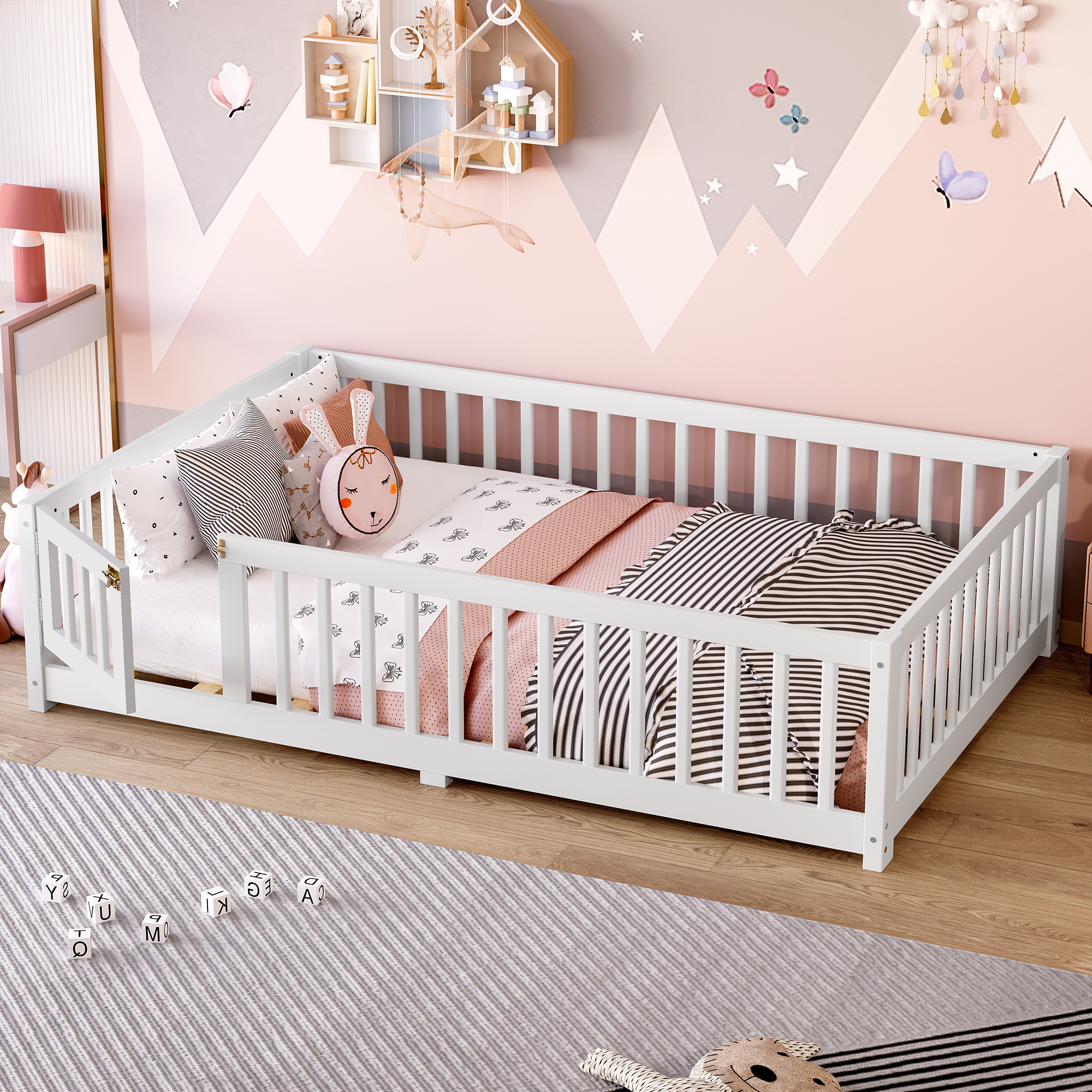 Full Size Bed Floor Bed with Safety Guardrails and Door for Kids, White(Old SKU: W1580P154625) - Image 2