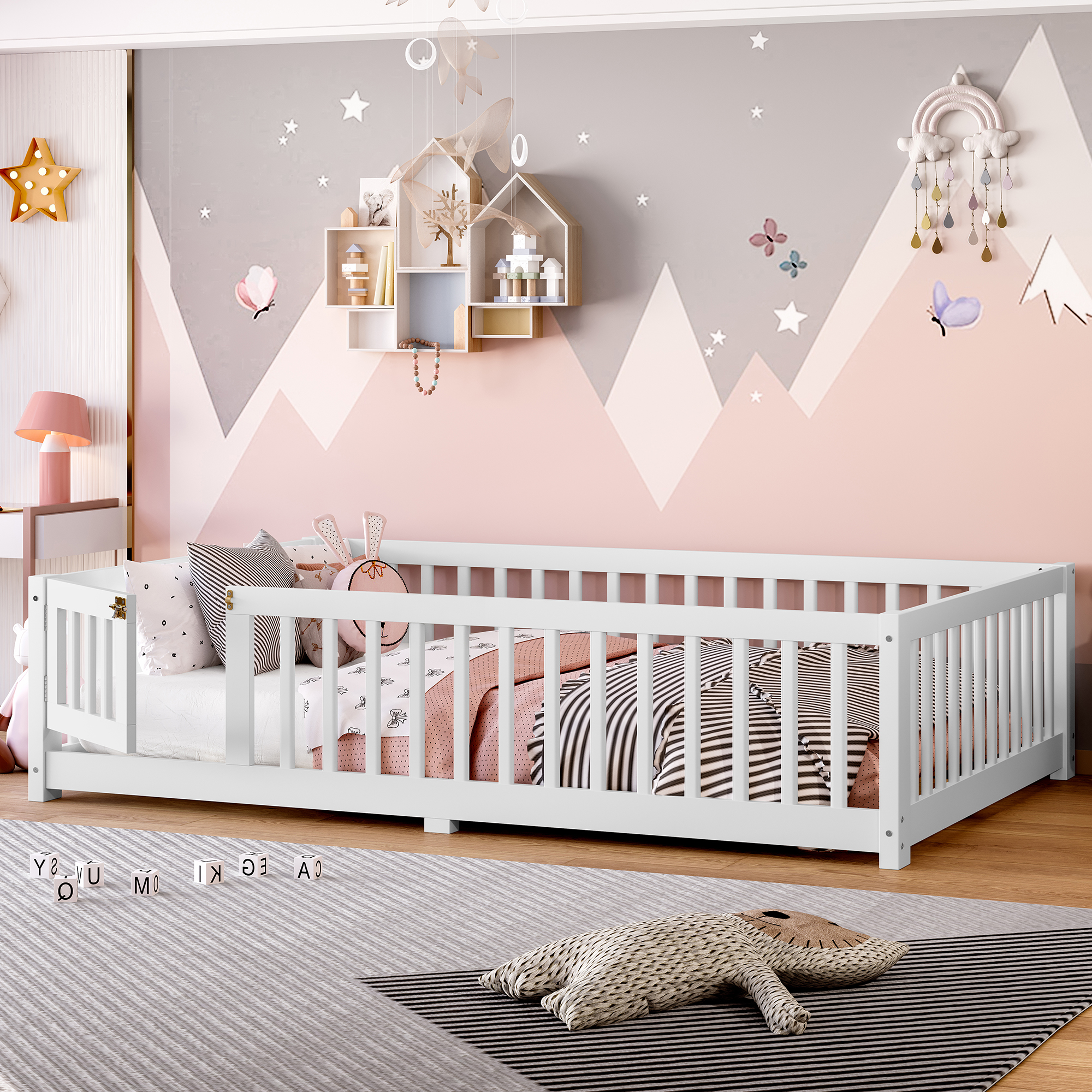 Full Size Bed Floor Bed with Safety Guardrails and Door for Kids, White(Old SKU: W1580P154625) - Image 3