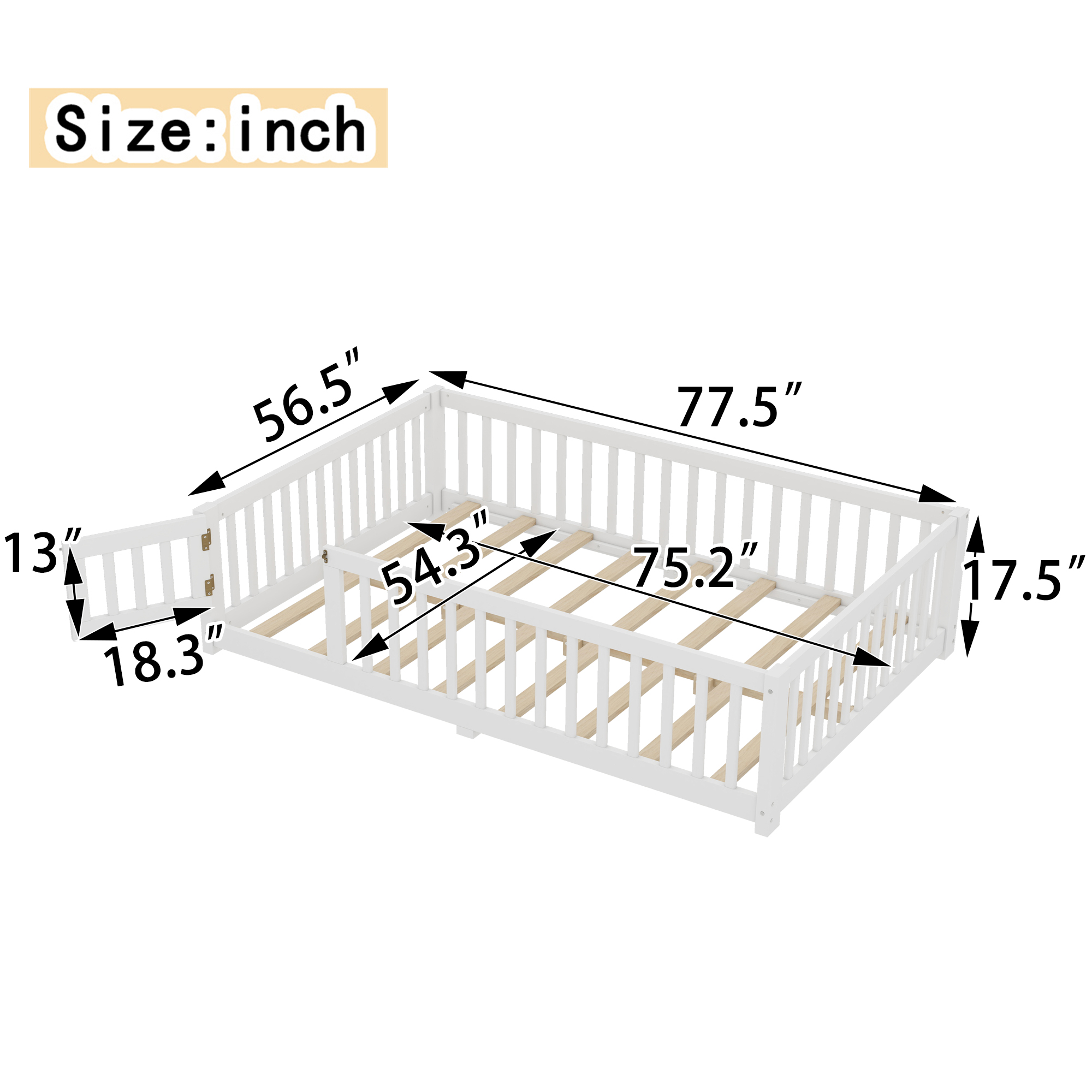 Full Size Bed Floor Bed with Safety Guardrails and Door for Kids, White(Old SKU: W1580P154625) - Image 4