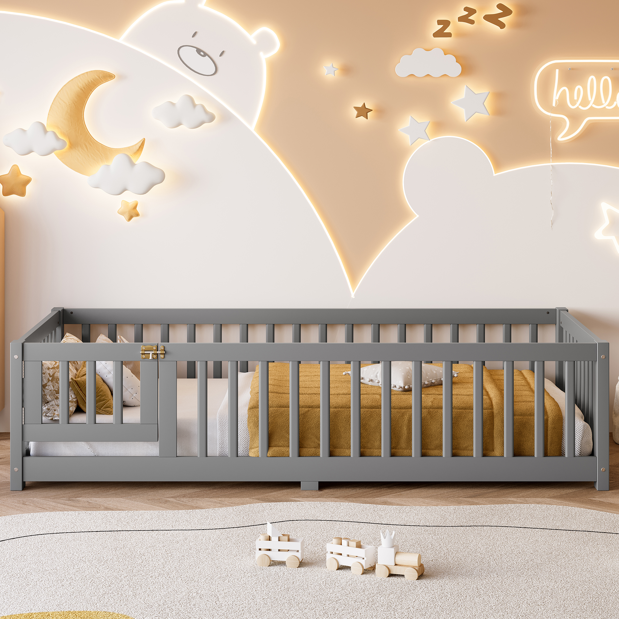 Twin Size Bed Floor Bed with Safety Guardrails and Door for Kids, Gray(Old SKU: W1580P154621)