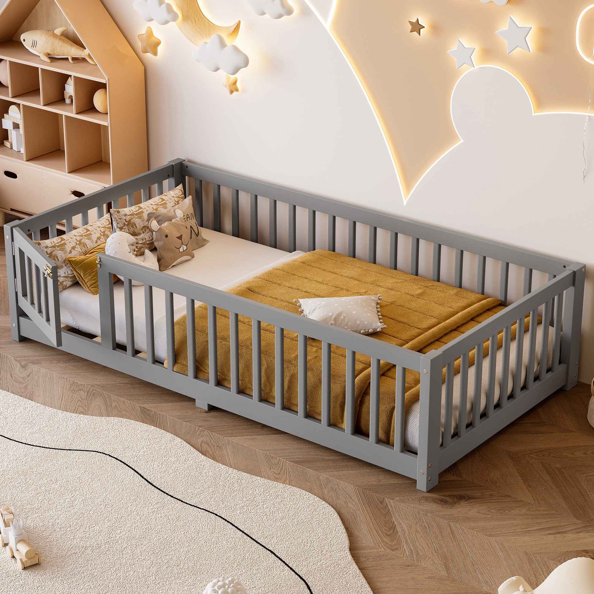 Twin Size Bed Floor Bed with Safety Guardrails and Door for Kids, Gray(Old SKU: W1580P154621) - Image 2