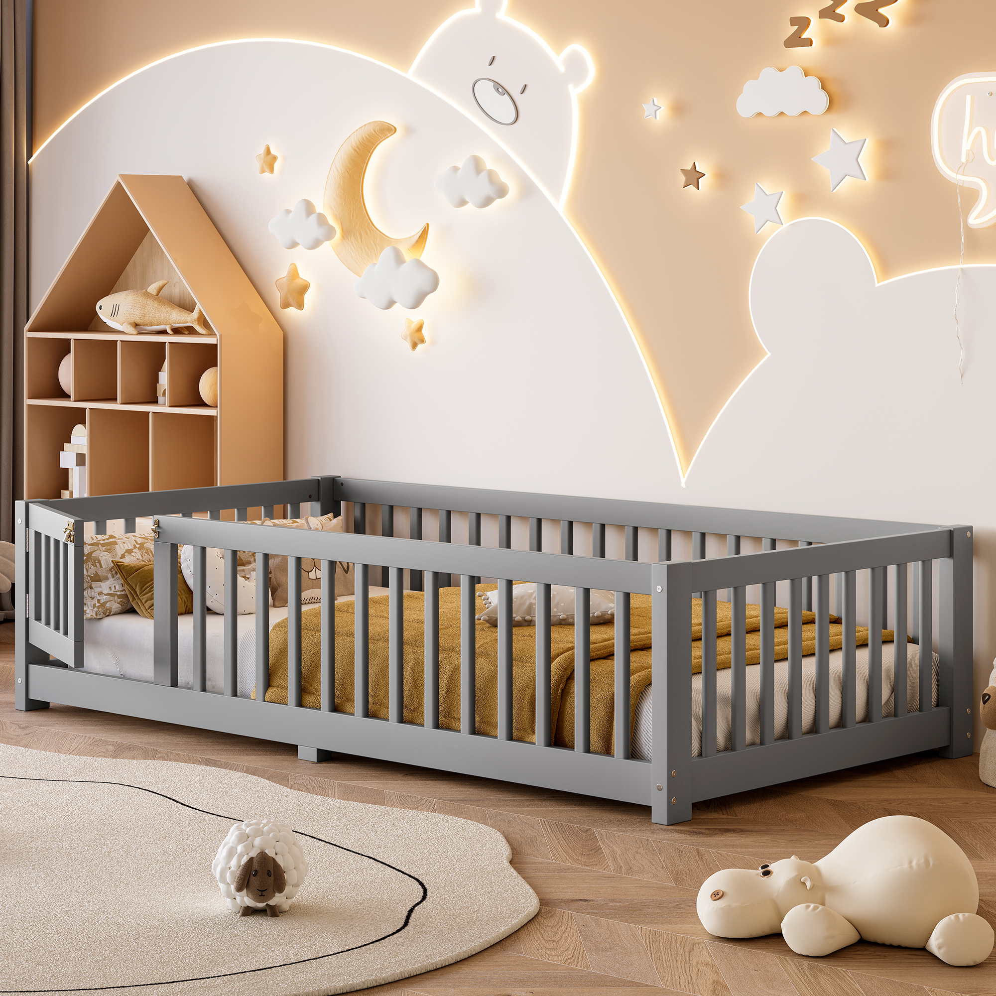 Twin Size Bed Floor Bed with Safety Guardrails and Door for Kids, Gray(Old SKU: W1580P154621) - Image 3