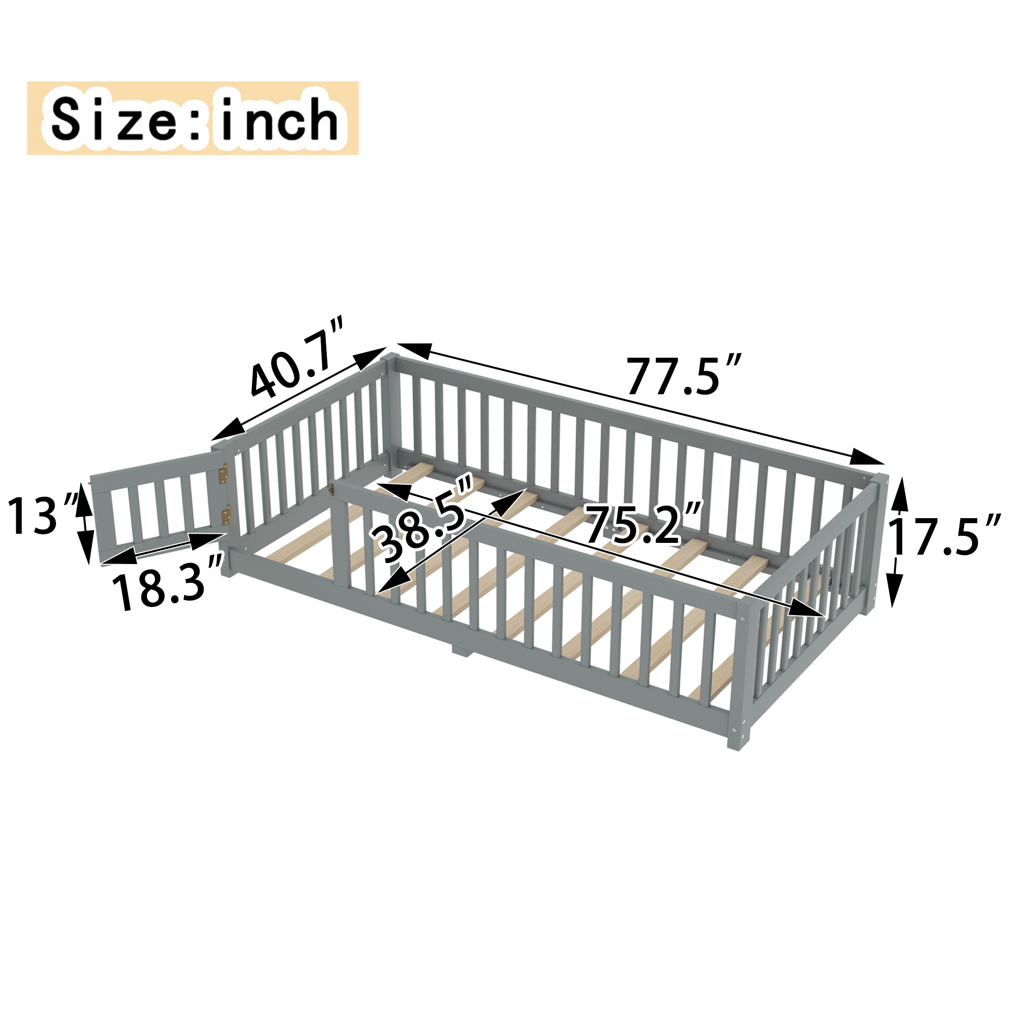 Twin Size Bed Floor Bed with Safety Guardrails and Door for Kids, Gray(Old SKU: W1580P154621) - Image 4