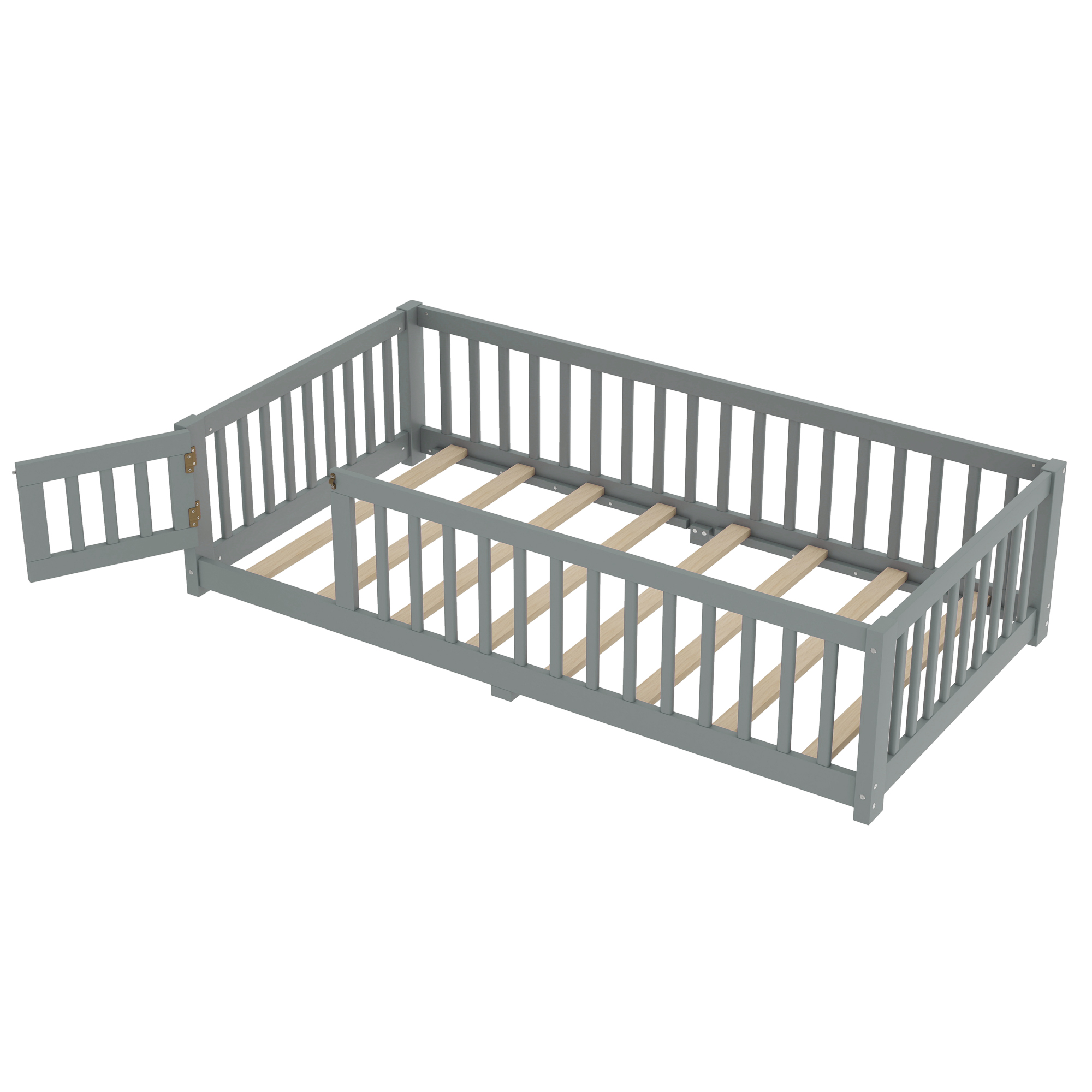 Twin Size Bed Floor Bed with Safety Guardrails and Door for Kids, Gray(Old SKU: W1580P154621) - Image 5