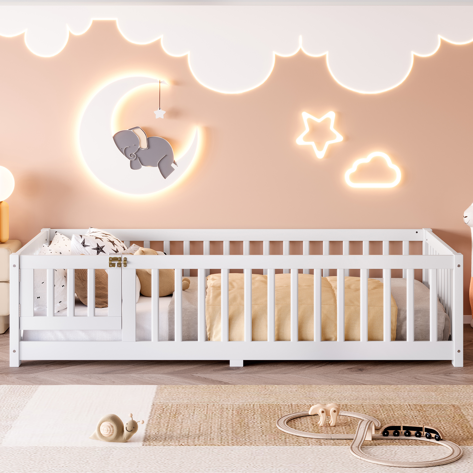 Twin Size Bed Floor Bed with Safety Guardrails and Door for Kids, White(Old SKU:W1580P154619) - Image 1
