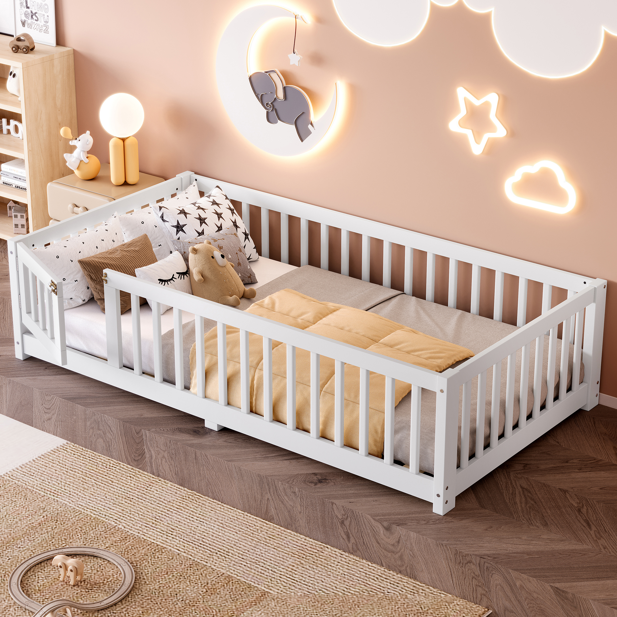 Twin Size Bed Floor Bed with Safety Guardrails and Door for Kids, White(Old SKU:W1580P154619) - Image 2