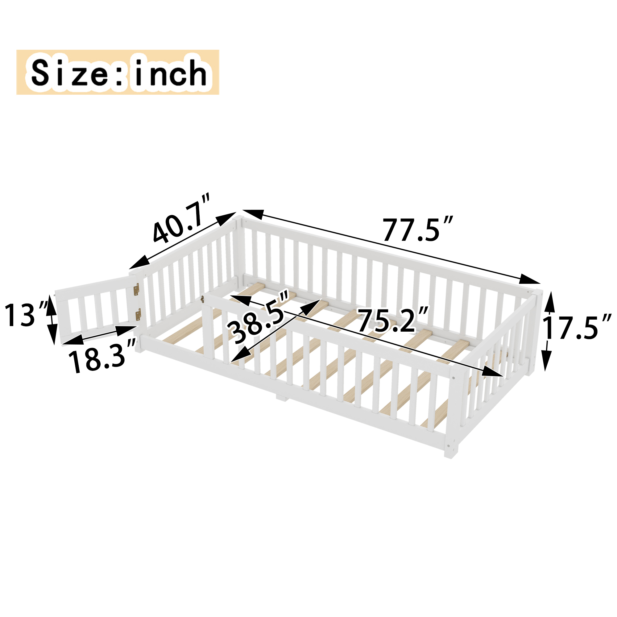 Twin Size Bed Floor Bed with Safety Guardrails and Door for Kids, White(Old SKU:W1580P154619) - Image 4