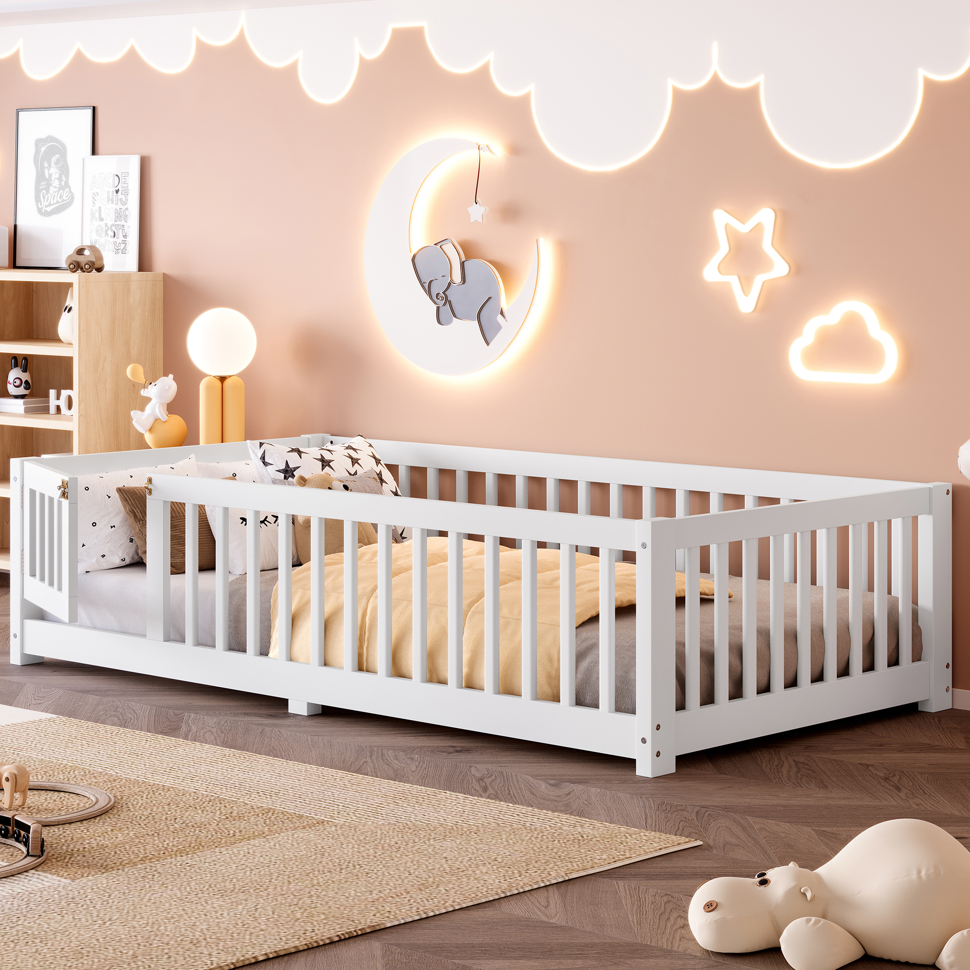 Twin Size Bed Floor Bed with Safety Guardrails and Door for Kids, White(Old SKU:W1580P154619) - Image 3