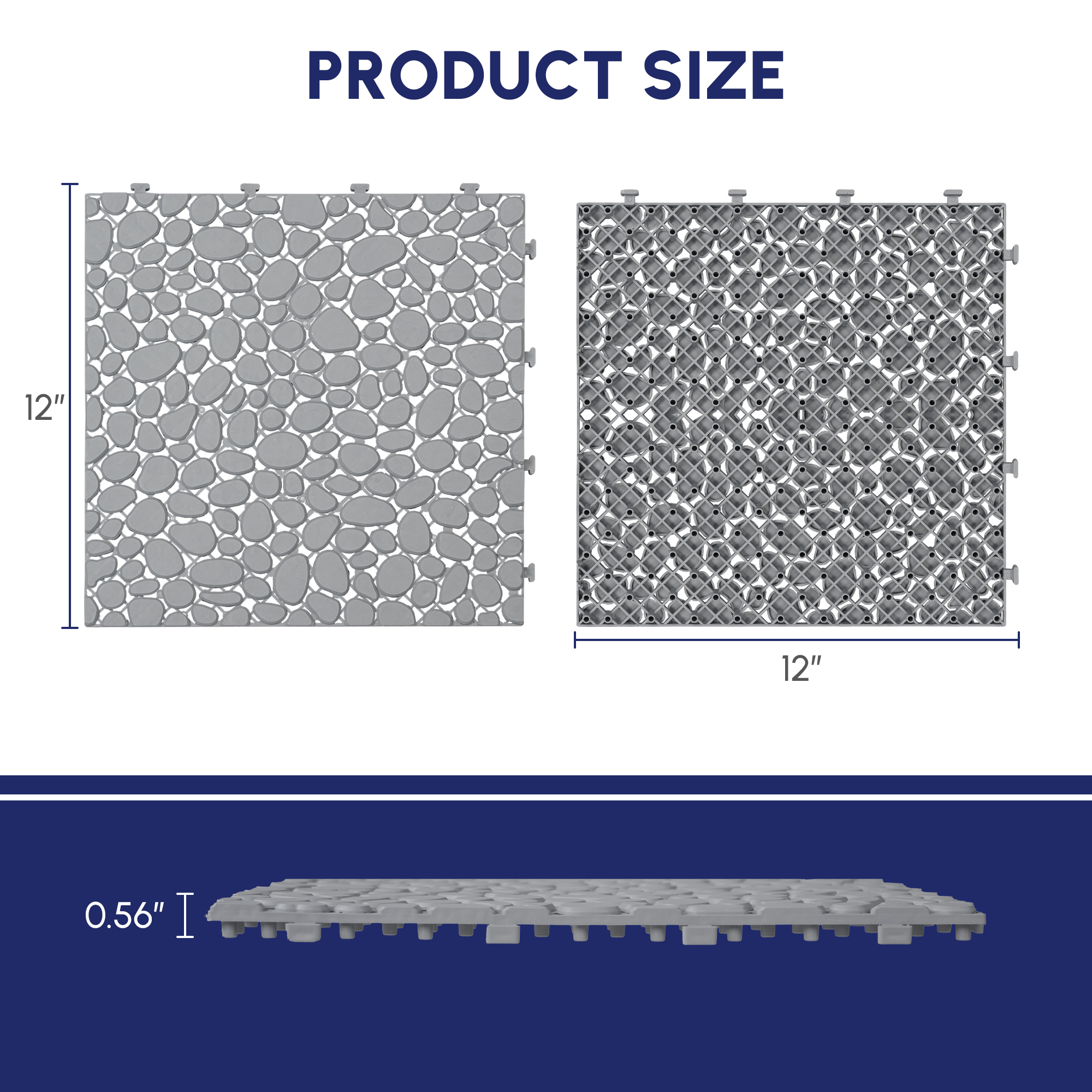 12 x 12 Inch Gray Interlocking Deck Tiles Plastic Waterproof Outdoor All Weather Anti-slip Bathroom Shower Balcony Porch Strong Weight Capacity Upto 440 LBS, Pebble Stone Pattern Pack of 12 - Image 3