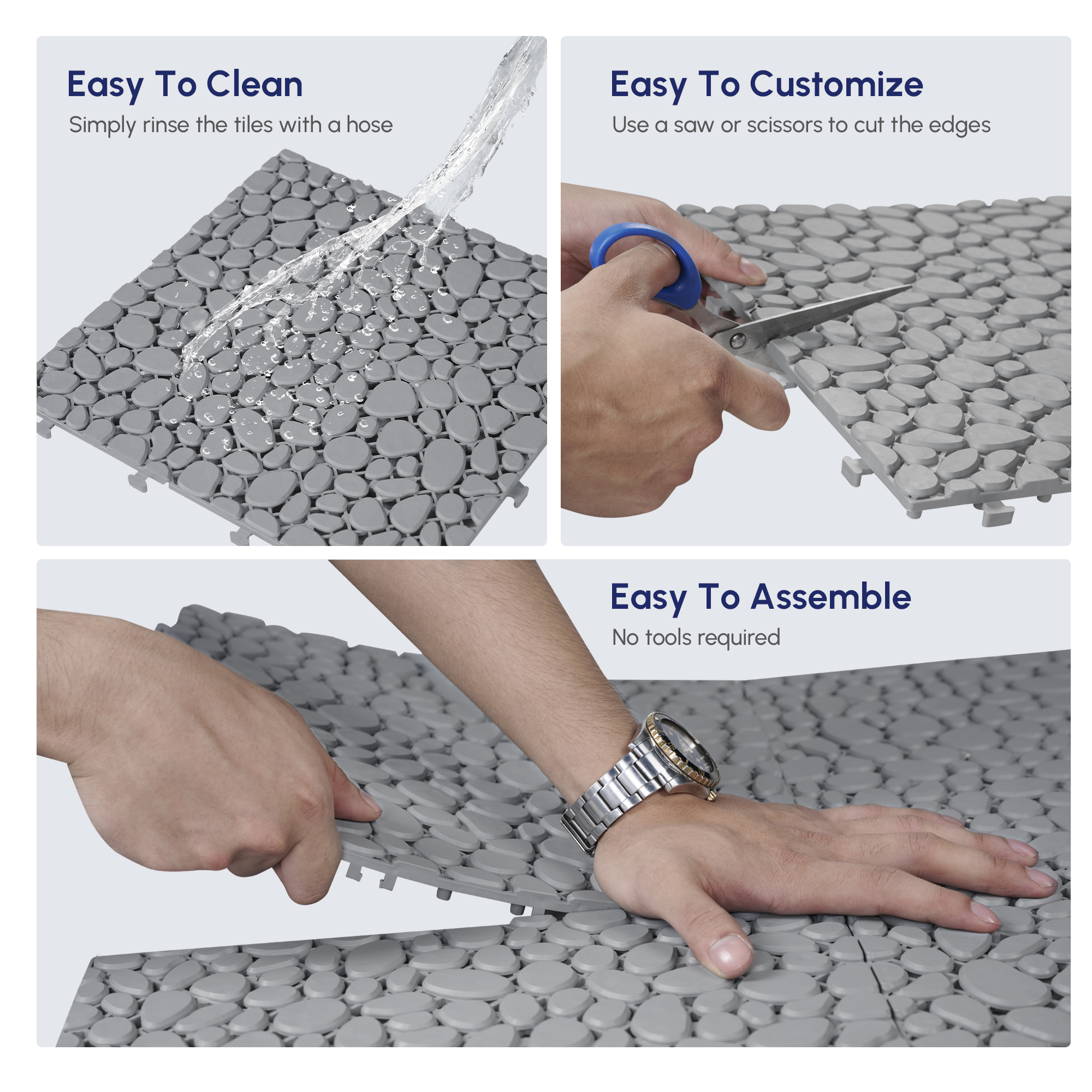 12 x 12 Inch Gray Interlocking Deck Tiles Plastic Waterproof Outdoor All Weather Anti-slip Bathroom Shower Balcony Porch Strong Weight Capacity Upto 440 LBS, Pebble Stone Pattern Pack of 12 - Image 4