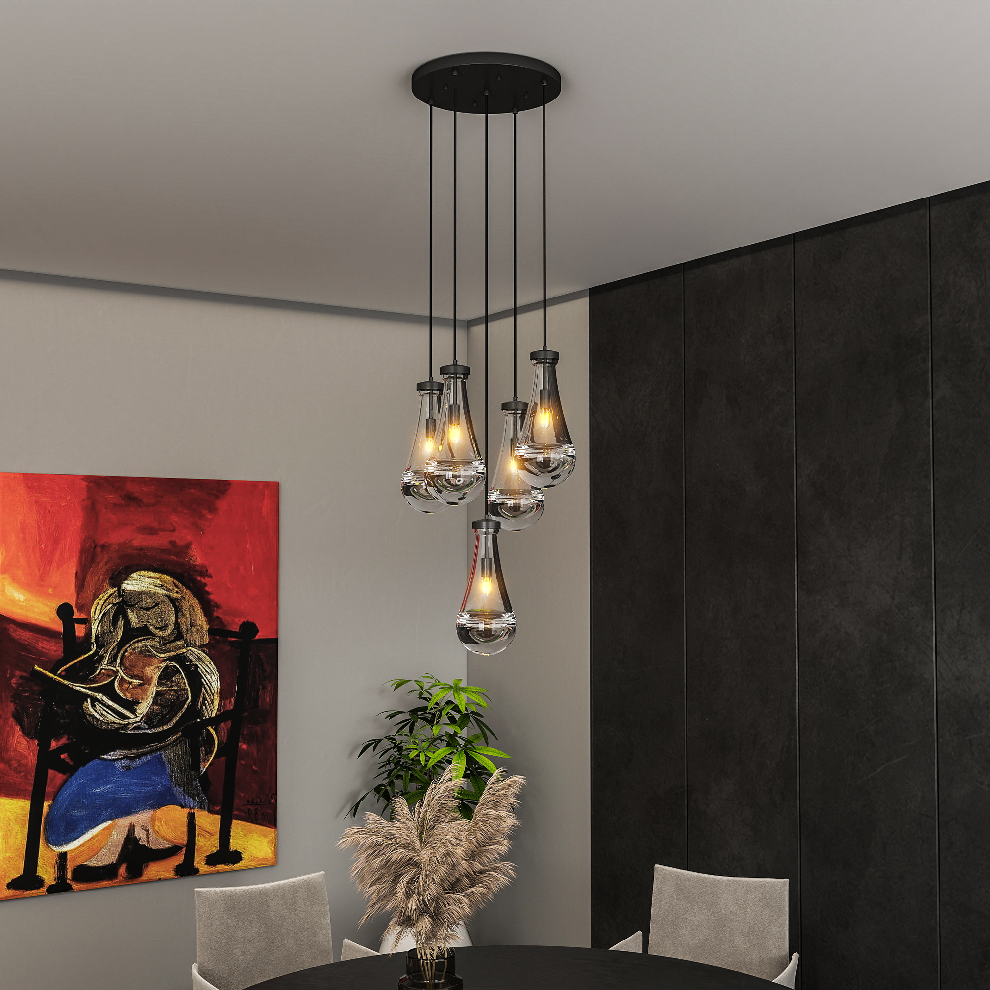 5 Light Cluster Pendant Lights, Black High Ceiling Chandeliers Adjustable, Living Room Pendant Light, Foyer Chandeliers, Stairwell Pendant Lighting, Bedroom Chandelier,E12 not including bulb - Image 2