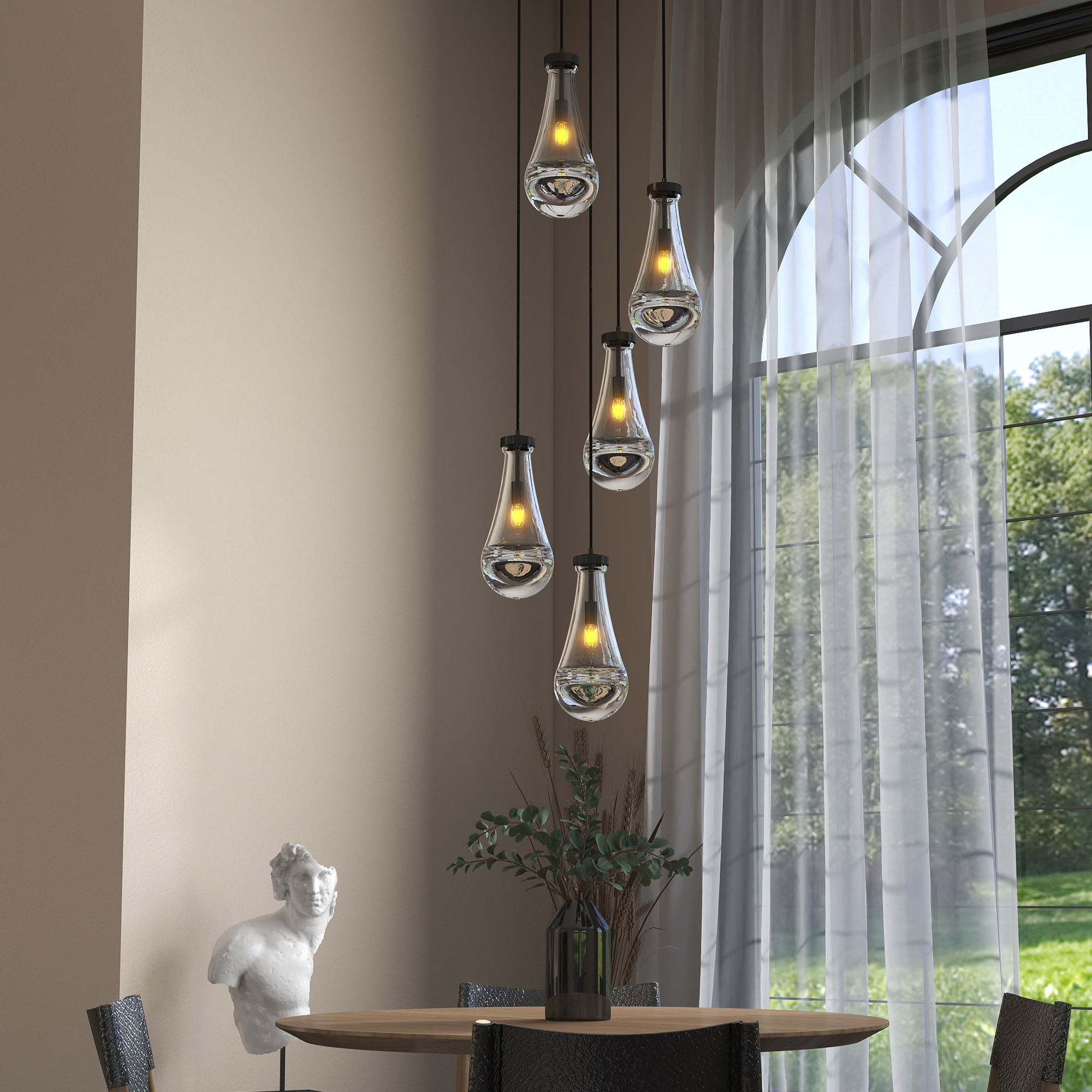 5 Light Cluster Pendant Lights, Black High Ceiling Chandeliers Adjustable, Living Room Pendant Light, Foyer Chandeliers, Stairwell Pendant Lighting, Bedroom Chandelier,E12 not including bulb - Image 3