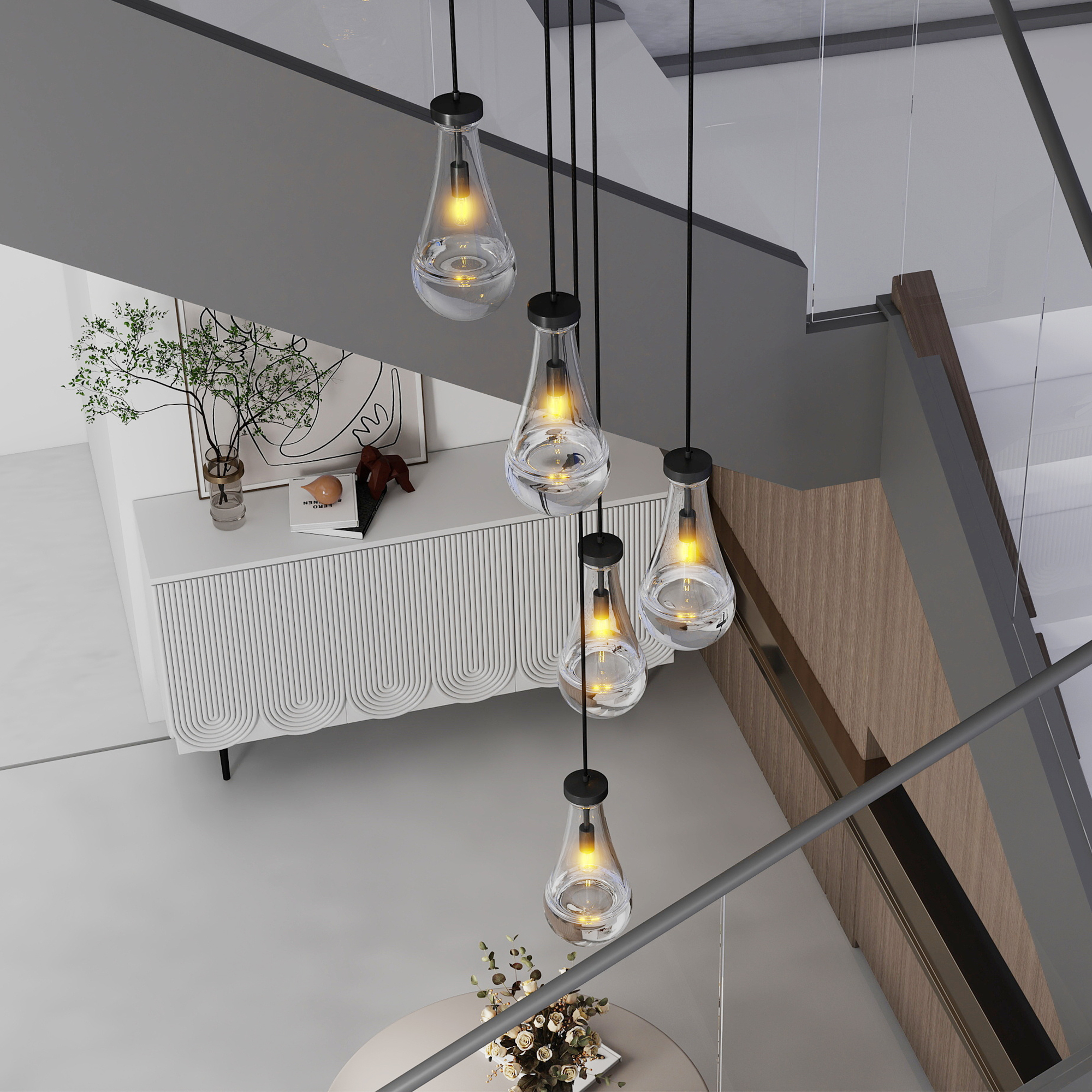 5 Light Cluster Pendant Lights, Black High Ceiling Chandeliers Adjustable, Living Room Pendant Light, Foyer Chandeliers, Stairwell Pendant Lighting, Bedroom Chandelier,E12 not including bulb - Image 4