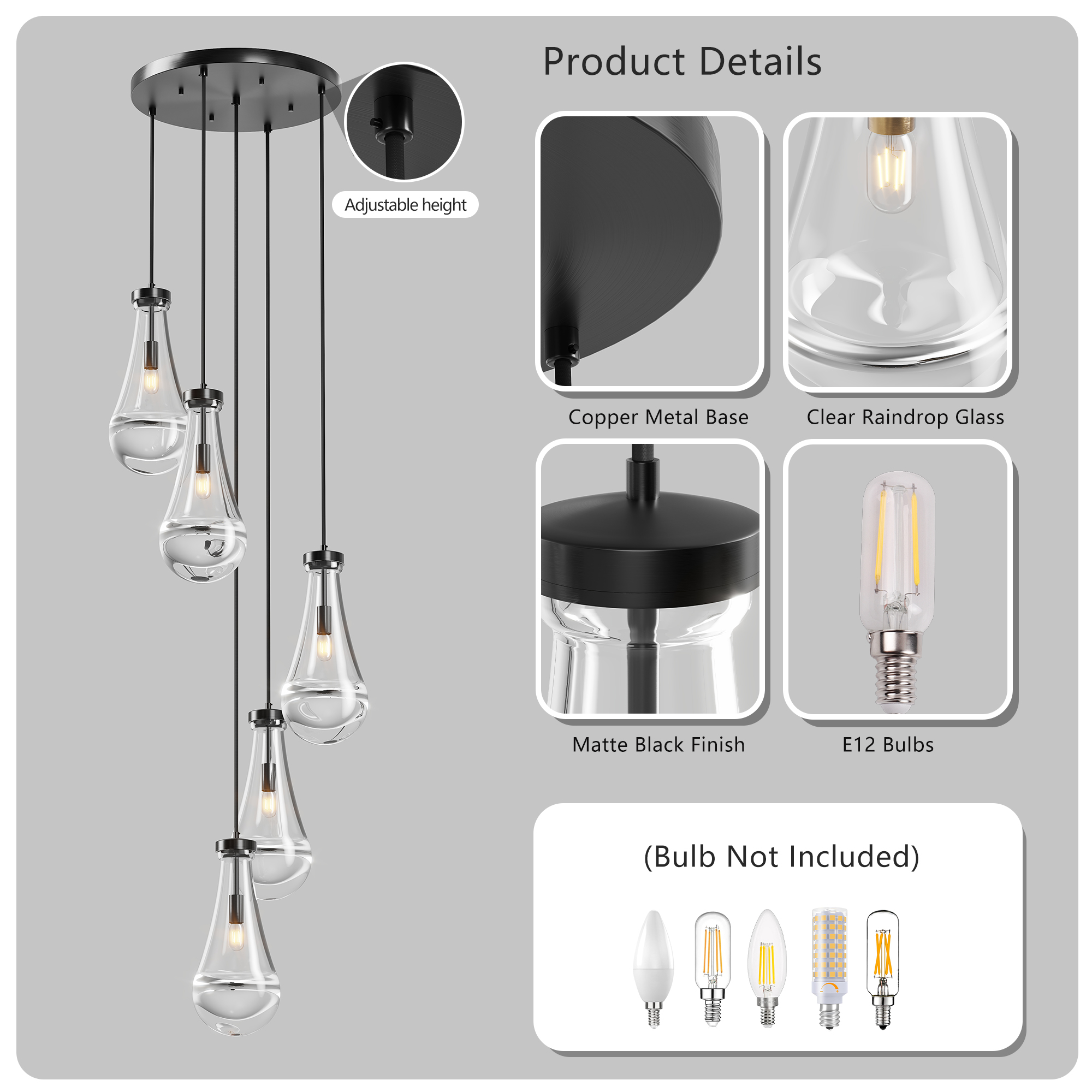 5 Light Cluster Pendant Lights, Black High Ceiling Chandeliers Adjustable, Living Room Pendant Light, Foyer Chandeliers, Stairwell Pendant Lighting, Bedroom Chandelier,E12 not including bulb - Image 5