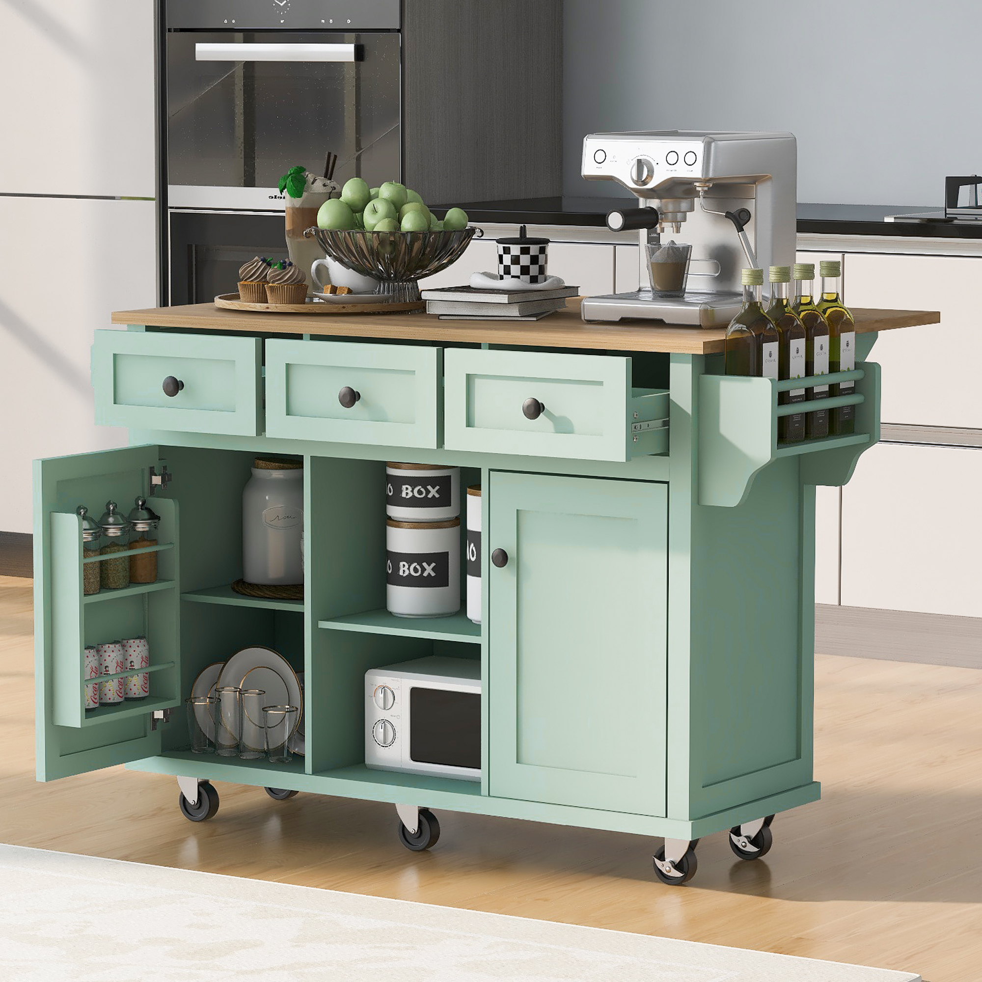 Kitchen Cart with Rubber wood Drop-Leaf Countertop ,Cabinet door internal storage racks,Kitchen Island on 5 Wheels with Storage Cabinet and 3 Drawers for Dinning Room, Mint Green - Image 2