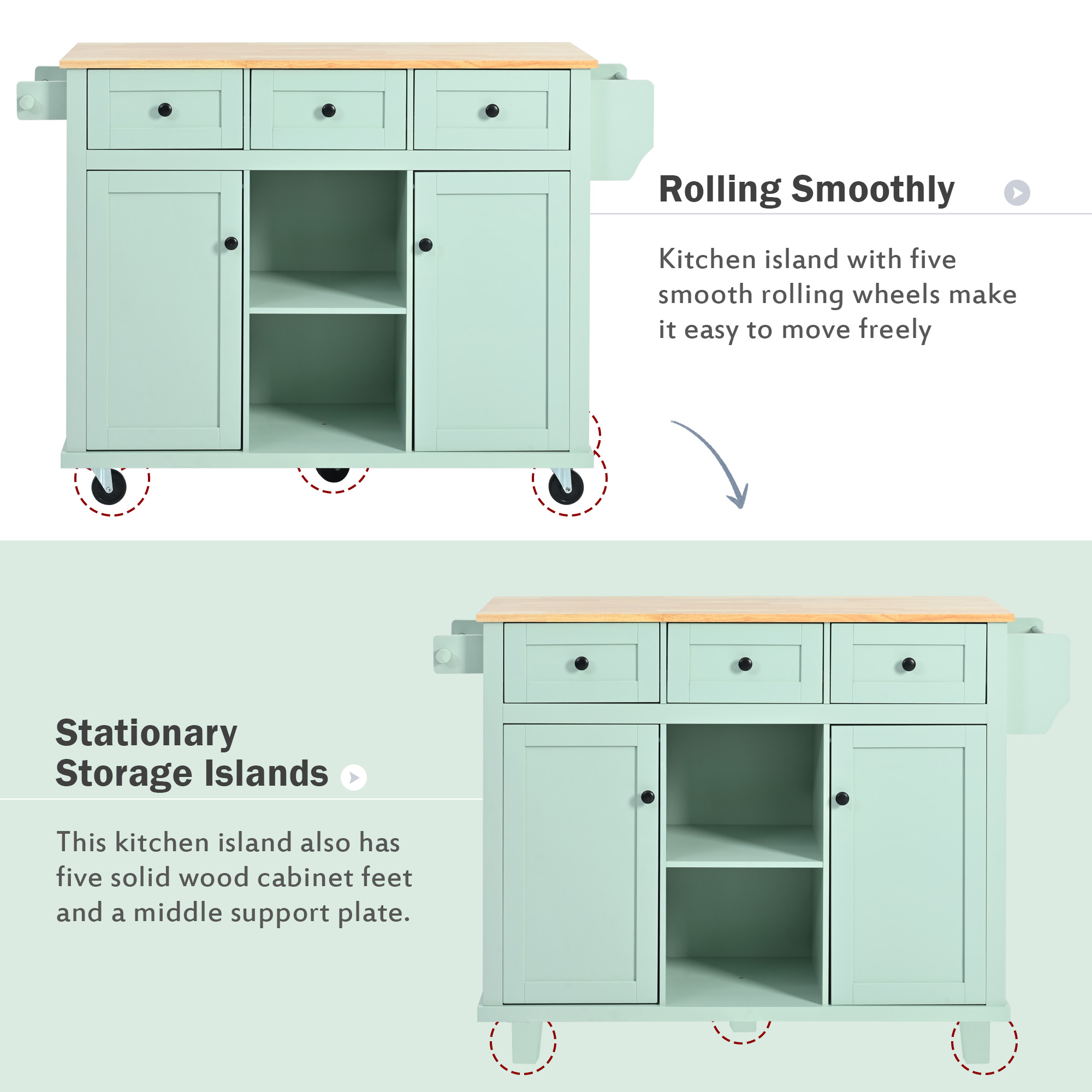Kitchen Cart with Rubber wood Drop-Leaf Countertop ,Cabinet door internal storage racks,Kitchen Island on 5 Wheels with Storage Cabinet and 3 Drawers for Dinning Room, Mint Green - Image 4