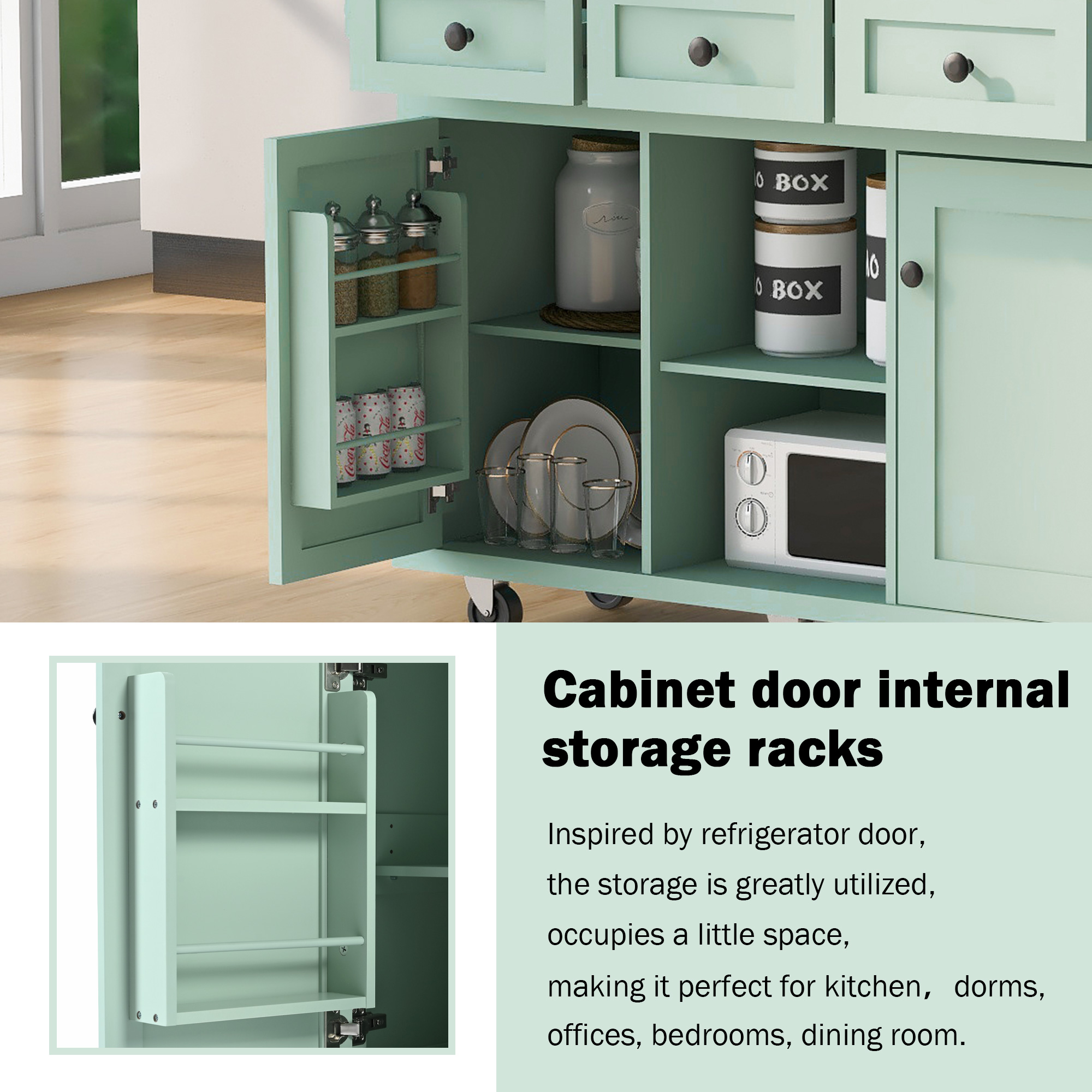 Kitchen Cart with Rubber wood Drop-Leaf Countertop ,Cabinet door internal storage racks,Kitchen Island on 5 Wheels with Storage Cabinet and 3 Drawers for Dinning Room, Mint Green - Image 3