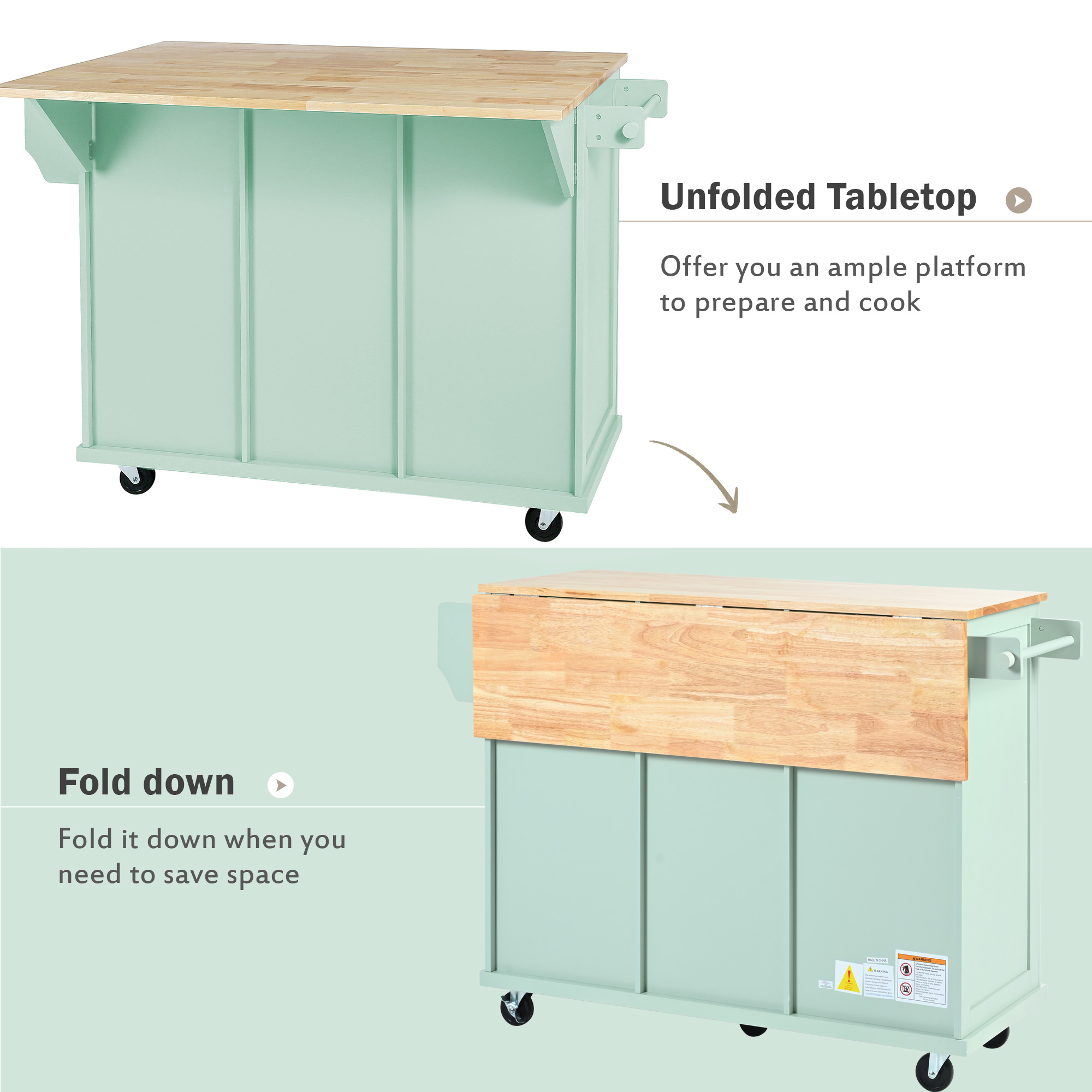 Kitchen Cart with Rubber wood Drop-Leaf Countertop ,Cabinet door internal storage racks,Kitchen Island on 5 Wheels with Storage Cabinet and 3 Drawers for Dinning Room, Mint Green - Image 5