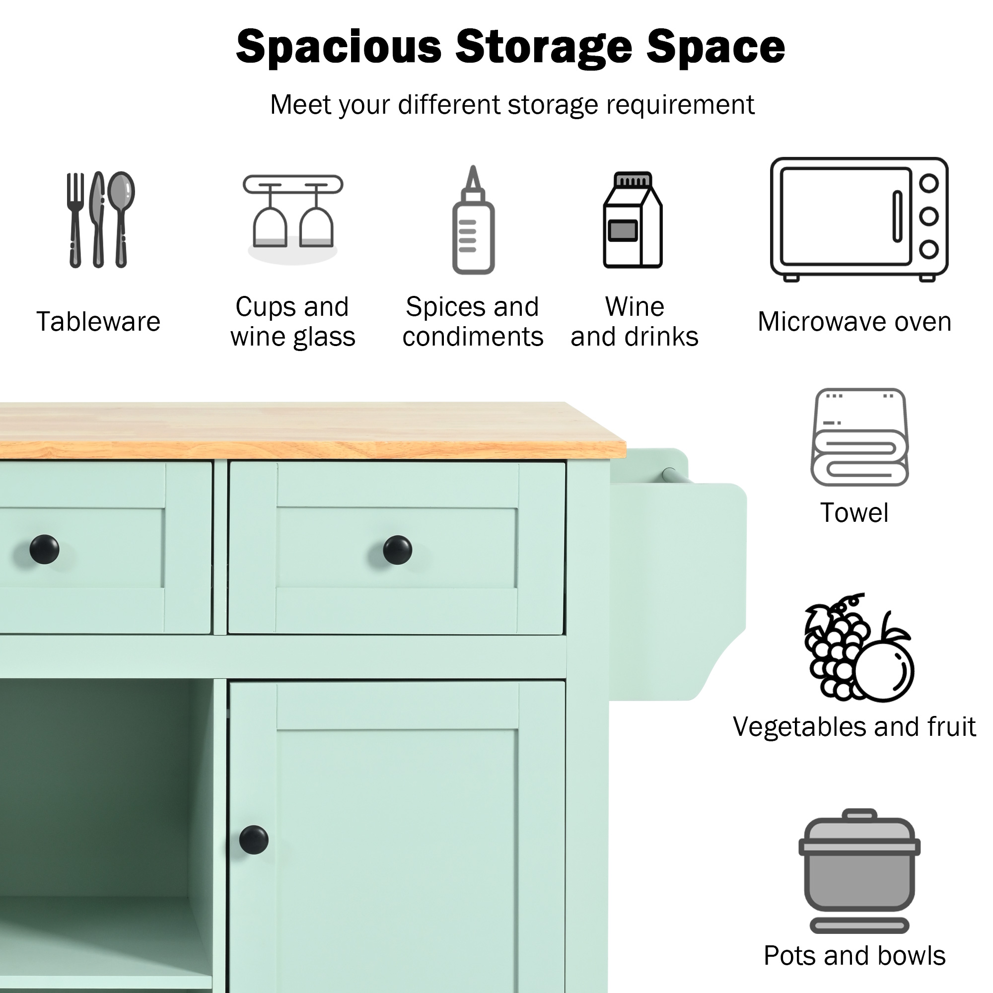 Kitchen Cart with Rubber wood Drop-Leaf Countertop ,Cabinet door internal storage racks,Kitchen Island on 5 Wheels with Storage Cabinet and 3 Drawers for Dinning Room, Mint Green - Image 6