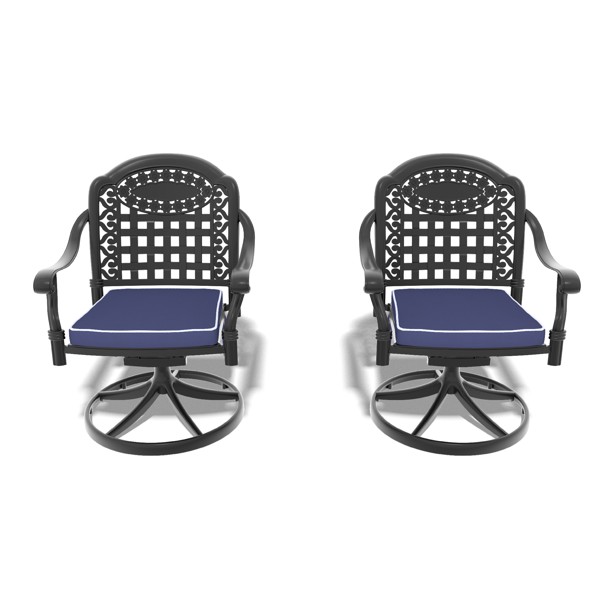 Cast Aluminum Patio Swivel Chair 2PCS With Black Frame and Blue Cushions - Image 3