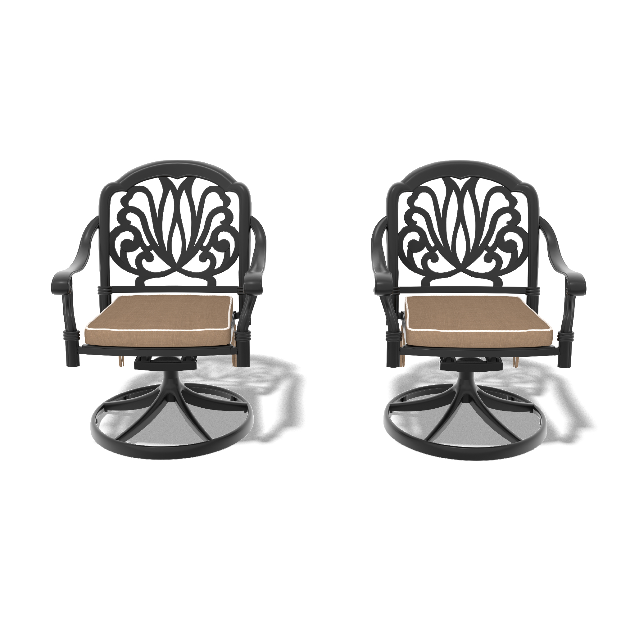 Cast Aluminum Patio Swivel Chair 2PCS With Black Frame and Brown Cushions - Image 3