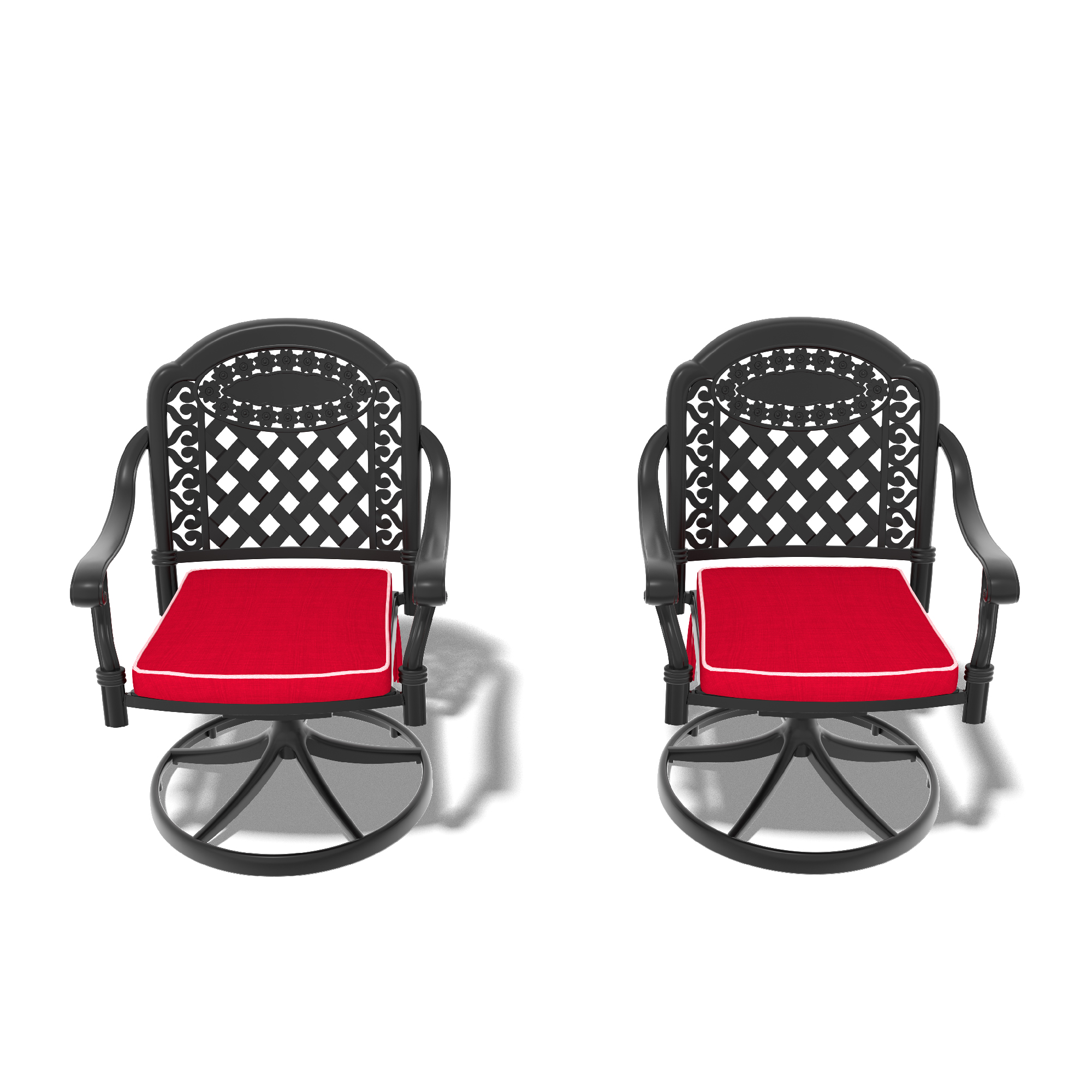 Cast Aluminum Patio Swivel Chair 2PCS With Black Frame and Red Cushions - Image 2