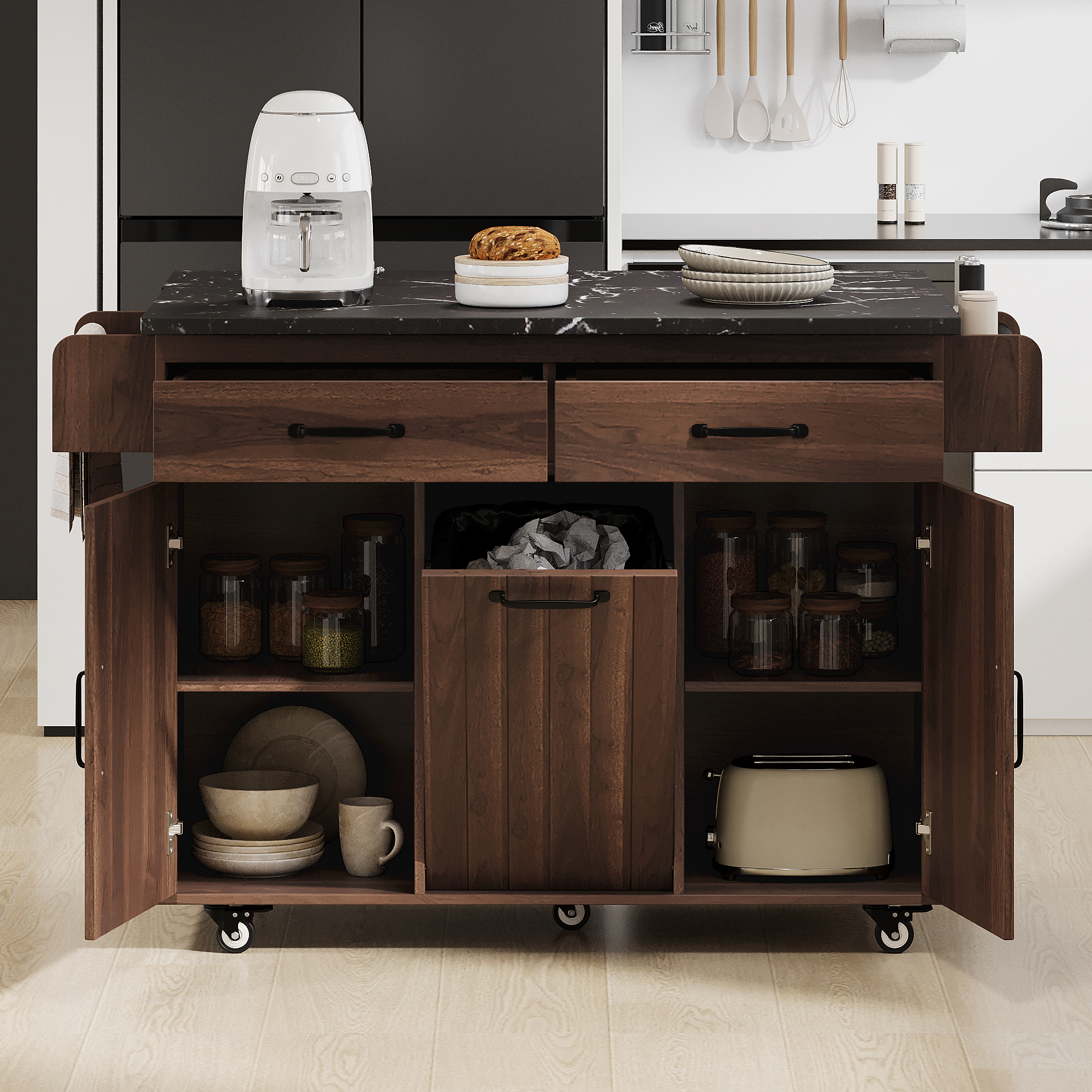 K&K Kitchen Island with Trash Can Storage Cabinet, Kitchen Cart with Drop Leaf, Spice Rack, Towel Rack and Drawer, Rolling Kitchen Island on Wheels with Adjustable Shelf, Walnut Brown - Image 6