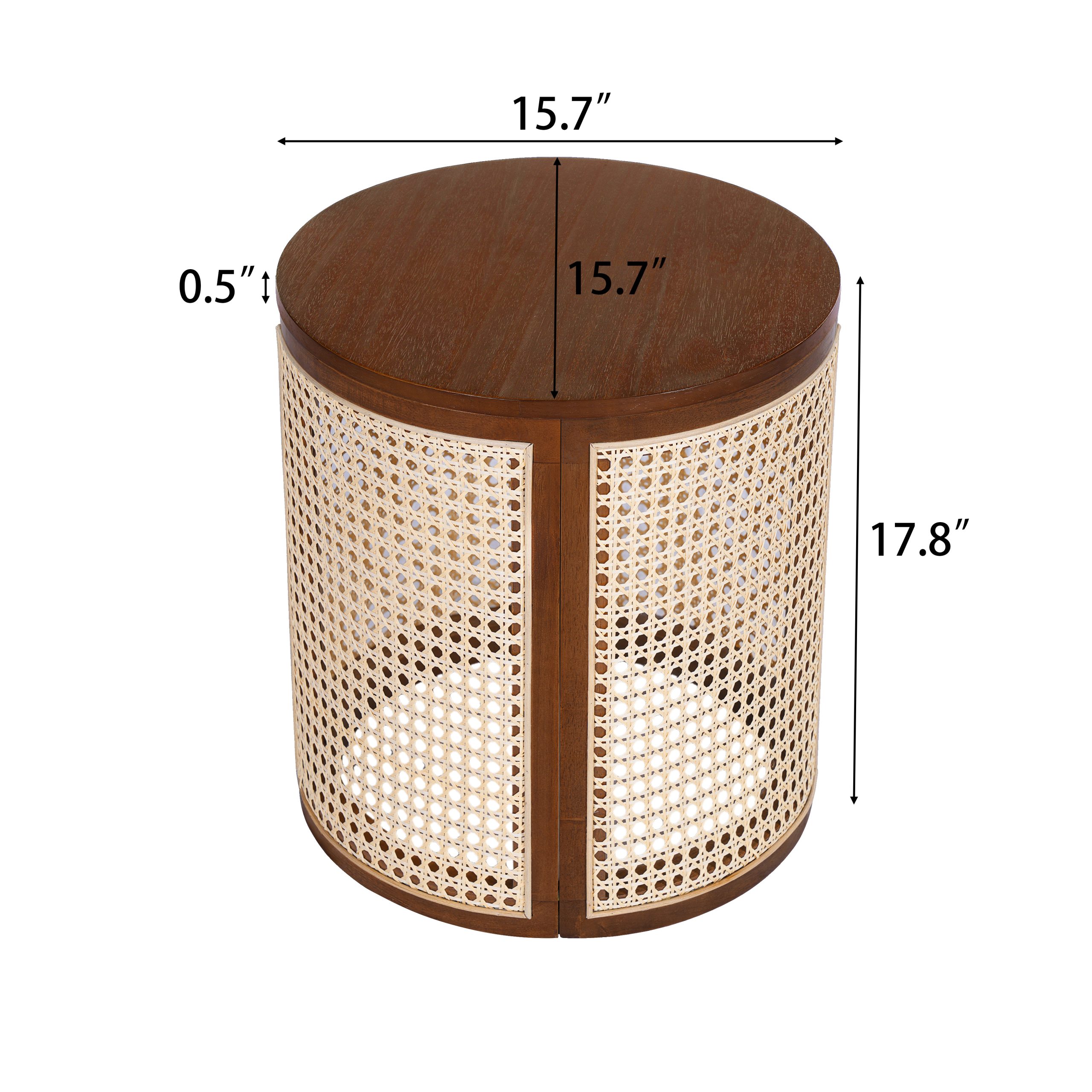 15.70" Round End Table, Hollow Woven Side Table, Small Rubber Wood Nightstand, Rattan Woven Tea Desk, Round Wood Tabletop, Chic Home Decor Desk, Easy Assembly, Dark Brown Color - Image 2