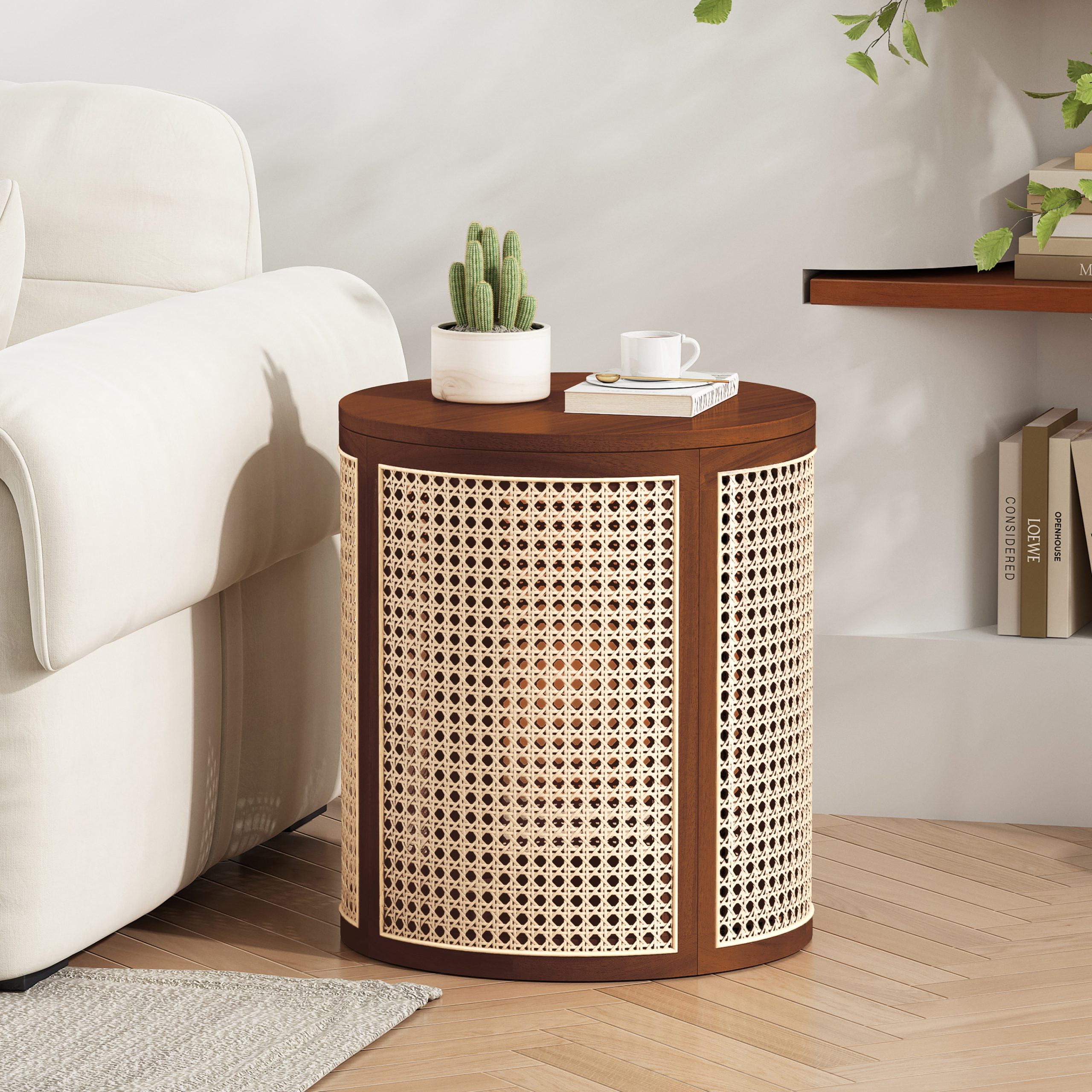 15.70" Round End Table, Hollow Woven Side Table, Small Rubber Wood Nightstand, Rattan Woven Tea Desk, Round Wood Tabletop, Chic Home Decor Desk, Easy Assembly, Dark Brown Color - Image 3