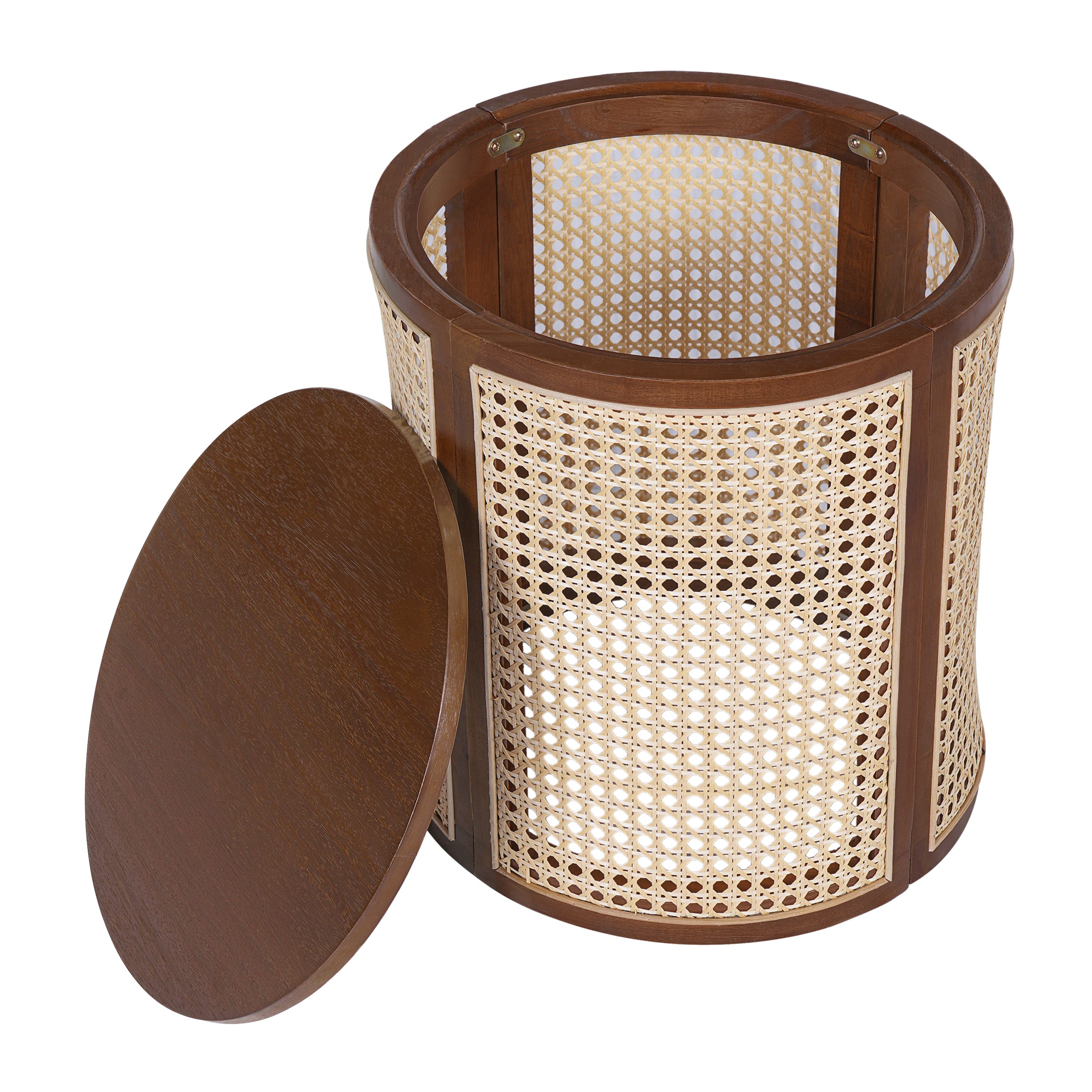 15.70" Round End Table, Hollow Woven Side Table, Small Rubber Wood Nightstand, Rattan Woven Tea Desk, Round Wood Tabletop, Chic Home Decor Desk, Easy Assembly, Dark Brown Color - Image 4