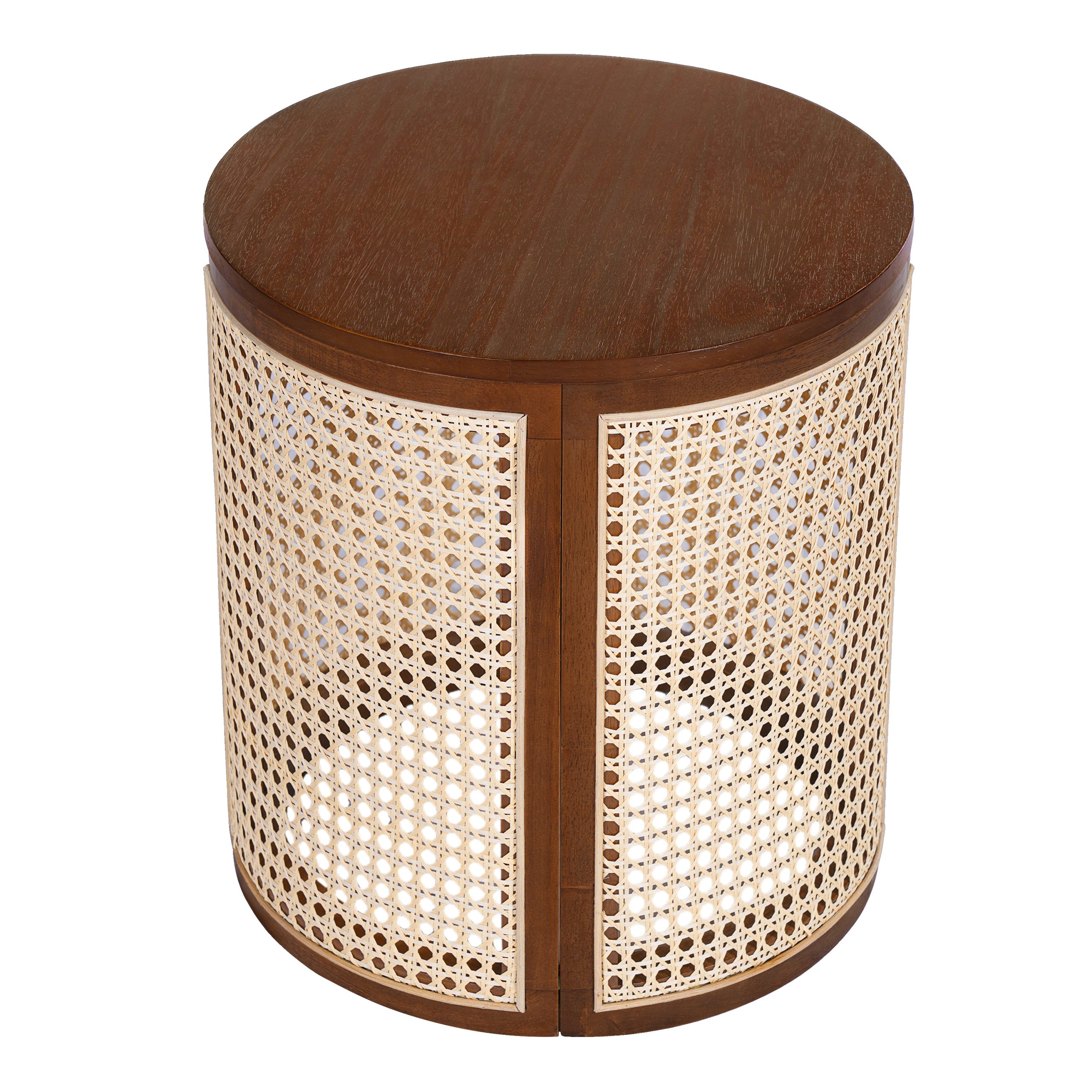 15.70" Round End Table, Hollow Woven Side Table, Small Rubber Wood Nightstand, Rattan Woven Tea Desk, Round Wood Tabletop, Chic Home Decor Desk, Easy Assembly, Dark Brown Color - Image 5