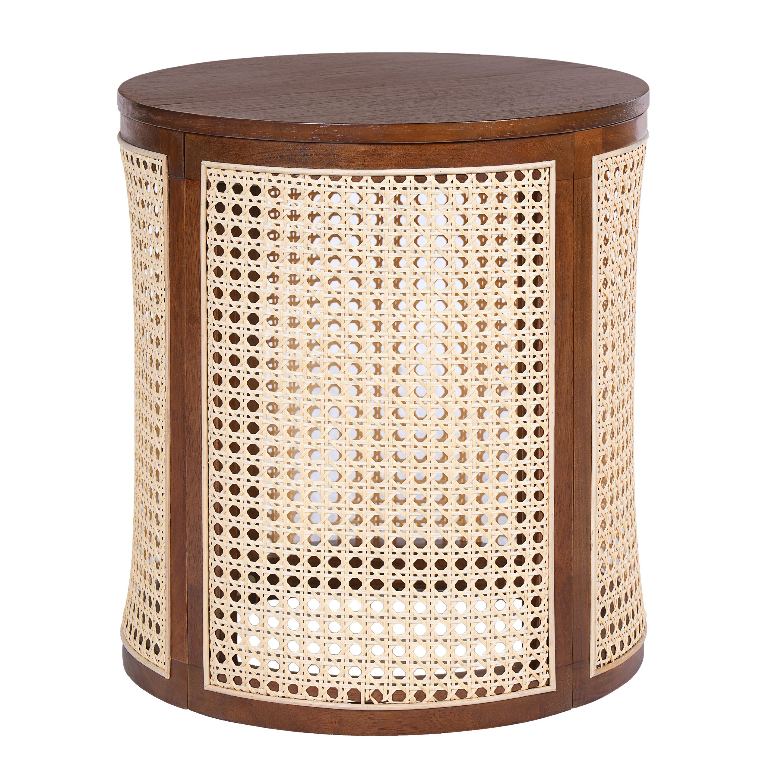 15.70" Round End Table, Hollow Woven Side Table, Small Rubber Wood Nightstand, Rattan Woven Tea Desk, Round Wood Tabletop, Chic Home Decor Desk, Easy Assembly, Dark Brown Color - Image 6