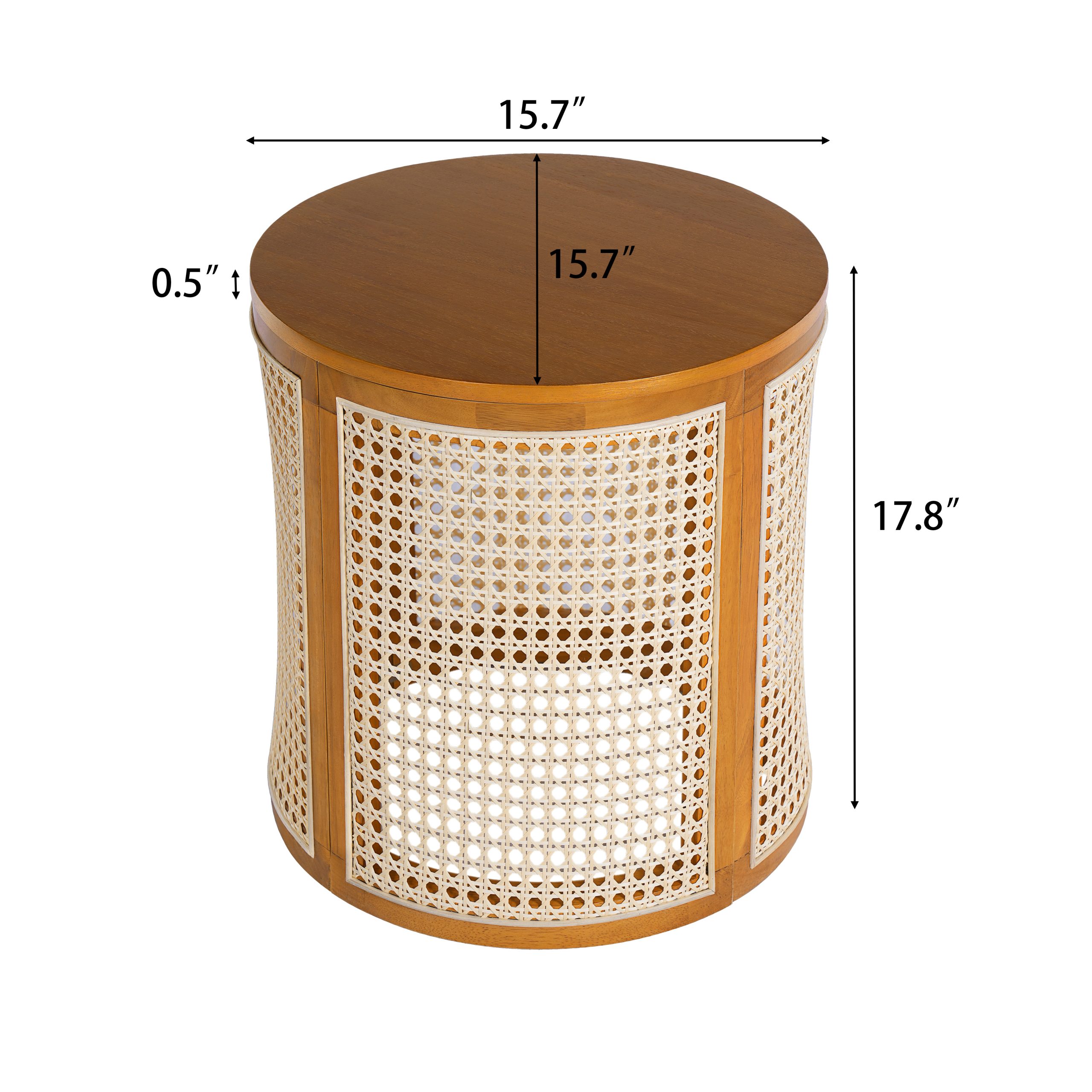 15.70" Round End Table, Hollow Woven Side Table, Small Rubber Wood Nightstand, Rattan Woven Tea Desk, Round Wood Tabletop, Chic Home Decor Desk, Easy Assembly, Ochre Color - Image 2