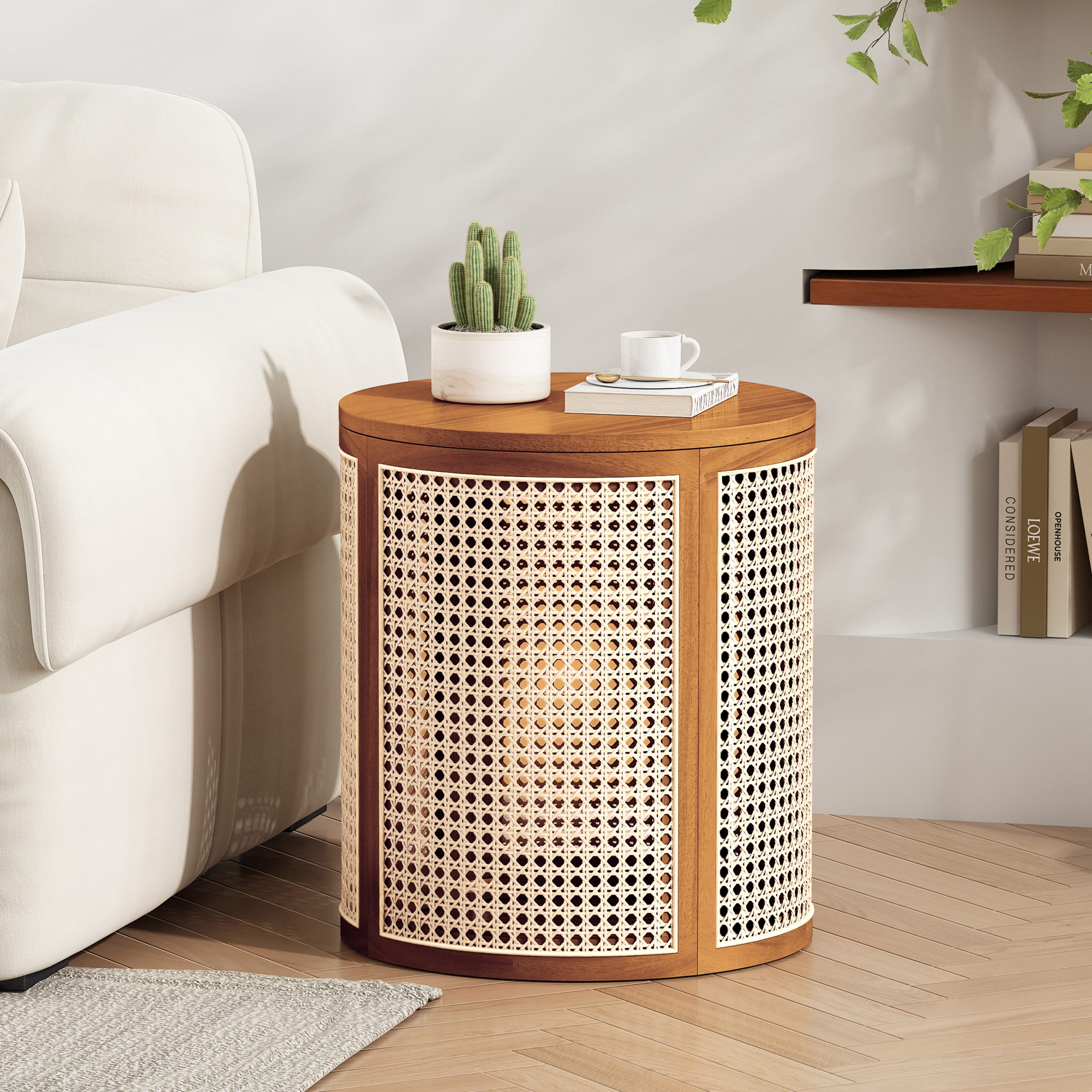 15.70" Round End Table, Hollow Woven Side Table, Small Rubber Wood Nightstand, Rattan Woven Tea Desk, Round Wood Tabletop, Chic Home Decor Desk, Easy Assembly, Ochre Color - Image 3