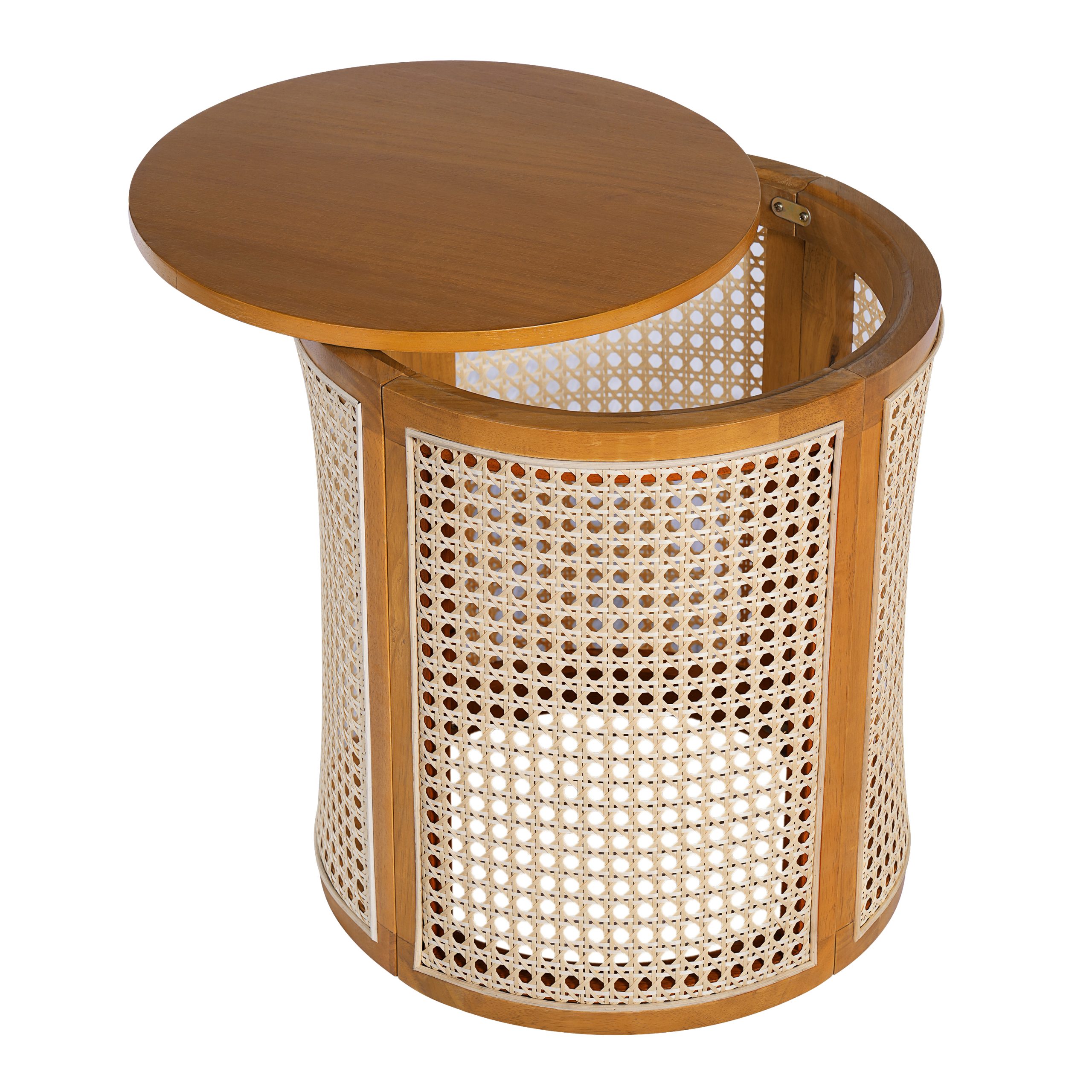 15.70" Round End Table, Hollow Woven Side Table, Small Rubber Wood Nightstand, Rattan Woven Tea Desk, Round Wood Tabletop, Chic Home Decor Desk, Easy Assembly, Ochre Color - Image 4