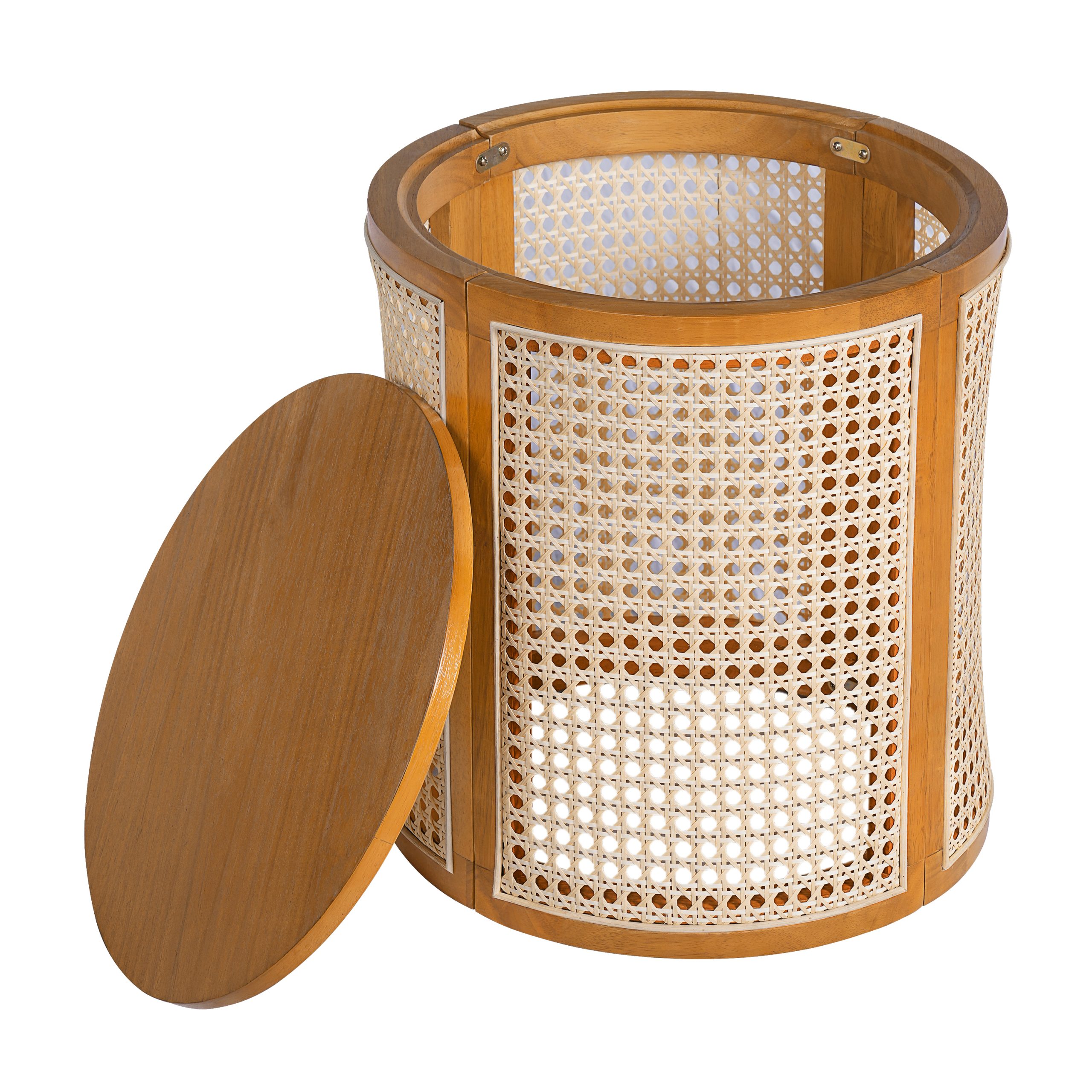 15.70" Round End Table, Hollow Woven Side Table, Small Rubber Wood Nightstand, Rattan Woven Tea Desk, Round Wood Tabletop, Chic Home Decor Desk, Easy Assembly, Ochre Color - Image 5